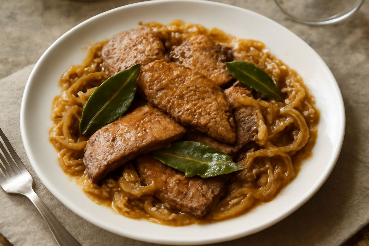 Fegato alla catanese in bianco piatto: fettine dorate di fegato con cipolla caramellata, foglie di alloro fresche, servito su un fondo di cipolla melanzana chiaro, contorno di cipolla setosa e trasluc