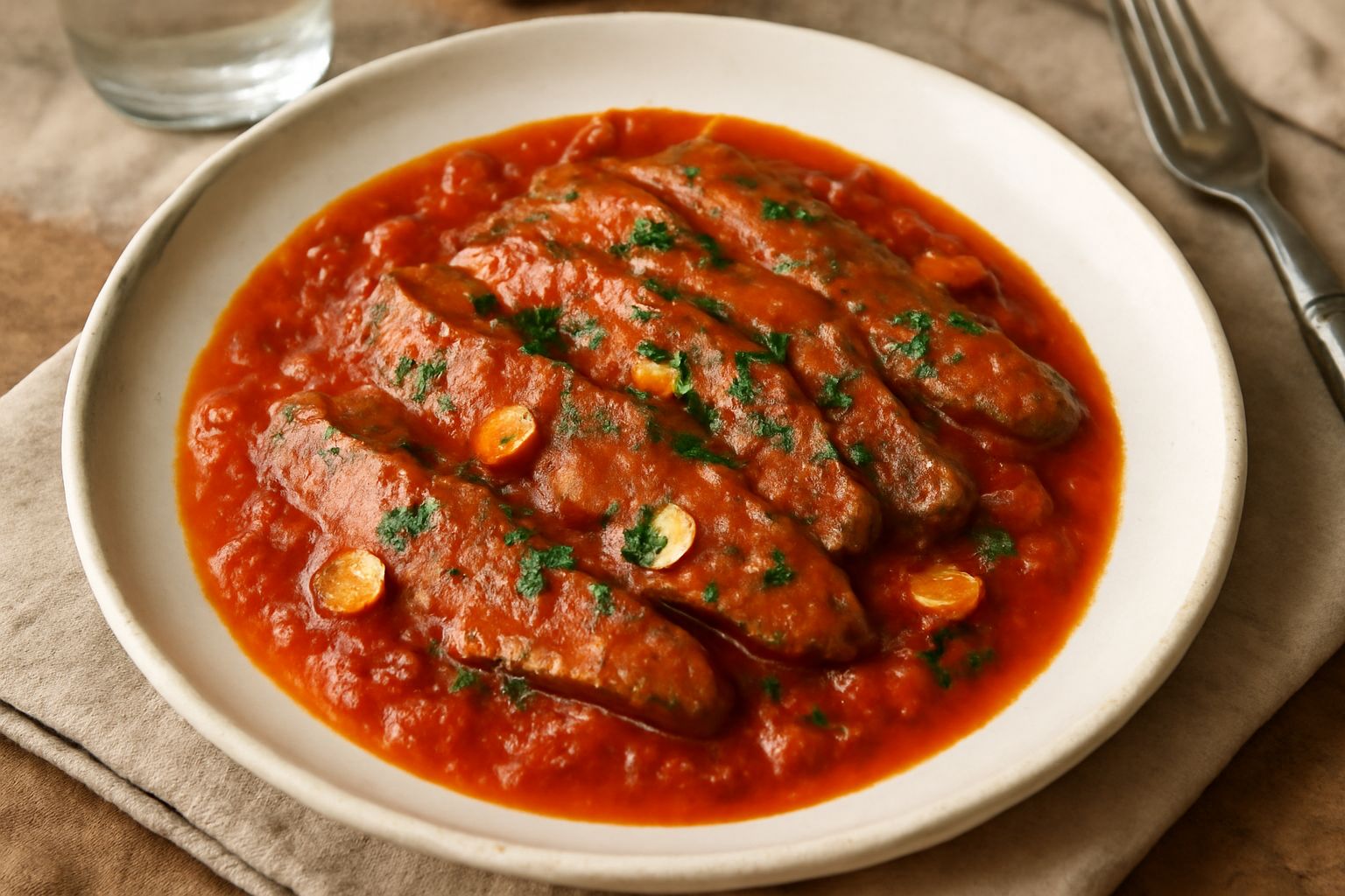 Fegato di vitello a fette, rossolato e dorato, coperto da sugo di pomodoro rosso con aglio e prezzemolo verde su un piatto bianco, contorno di verdure.