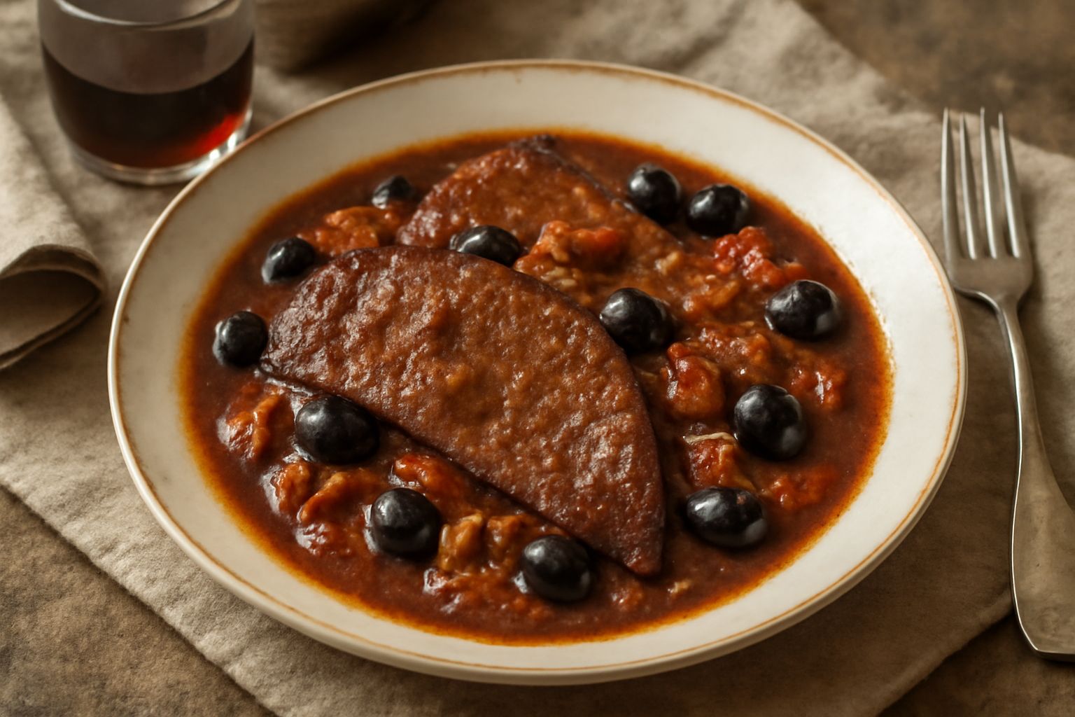 Piatto di ceramica bianca con fegato alla crotone: fette di fegato rosso brunastro in salsa di pomodoro con olive nere visibili, cipolla dorata, servito tiepido con il sugo ben aderente alla carne