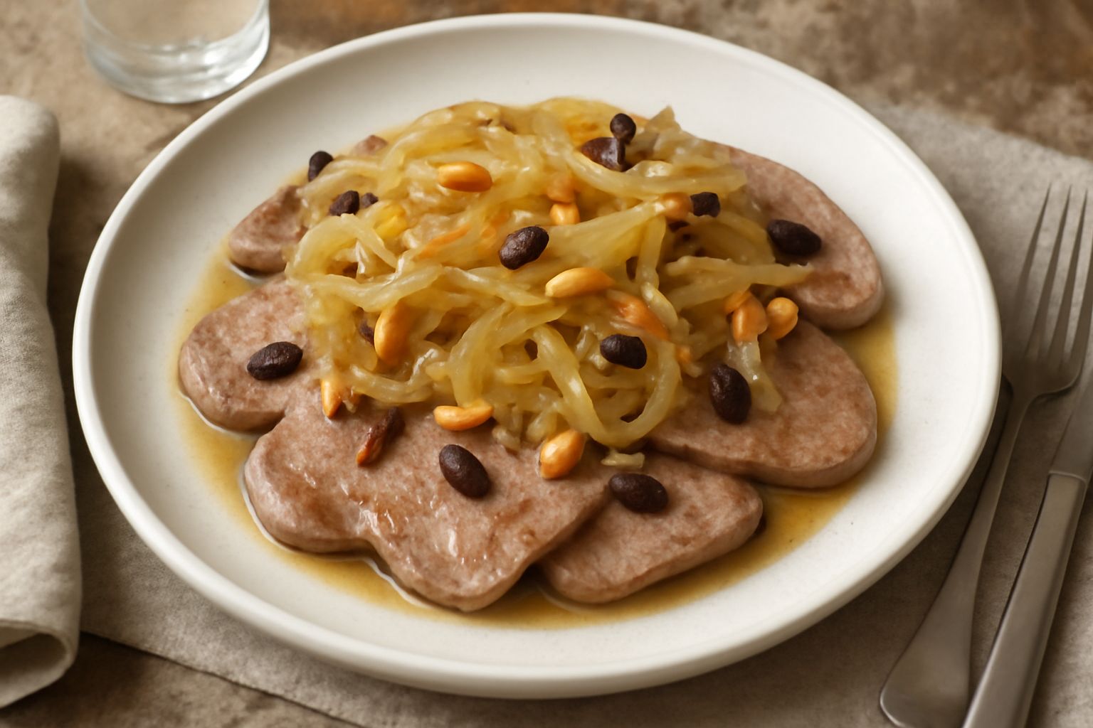 Fettine di fegato di vitello dorate in padella, coperte da cipolla caramellata color ambra, pinoli tostati e uva sultanina, con prezzemolo fresco, servito in piatto bianco con bordo scuro