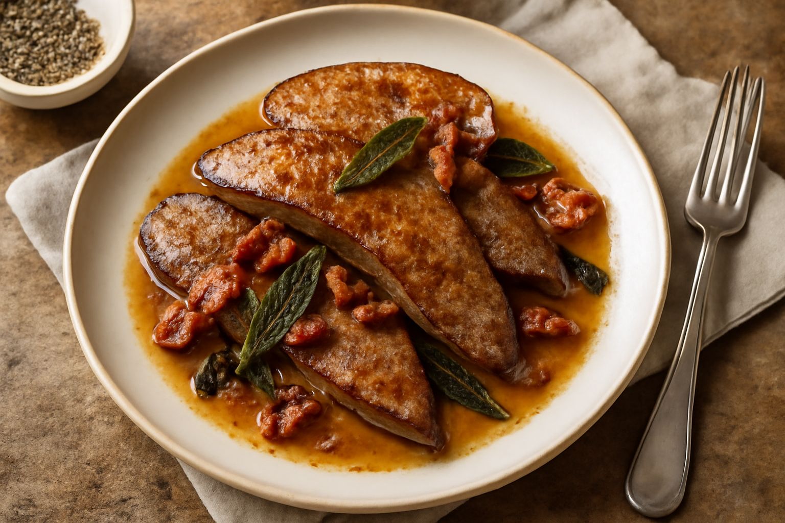 Fettine di fegato di vitello roseo tendente al marrone, coperte di pancetta croccante e salvia, disposte su un piatto bianco con umido di cottura, contorno di verdure saltate sfocato sullo sfondo
