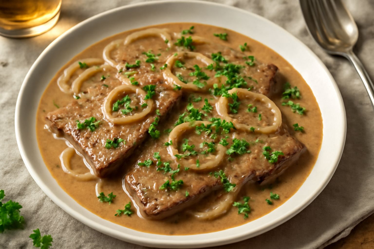 Fegato alla marsalese in piatto bianco: fette dorate di fegato di vitello ricoperte da salsa bruna al Marsala, con cipolla trasparente e pepe nero, contorno di prezzemolo fresco