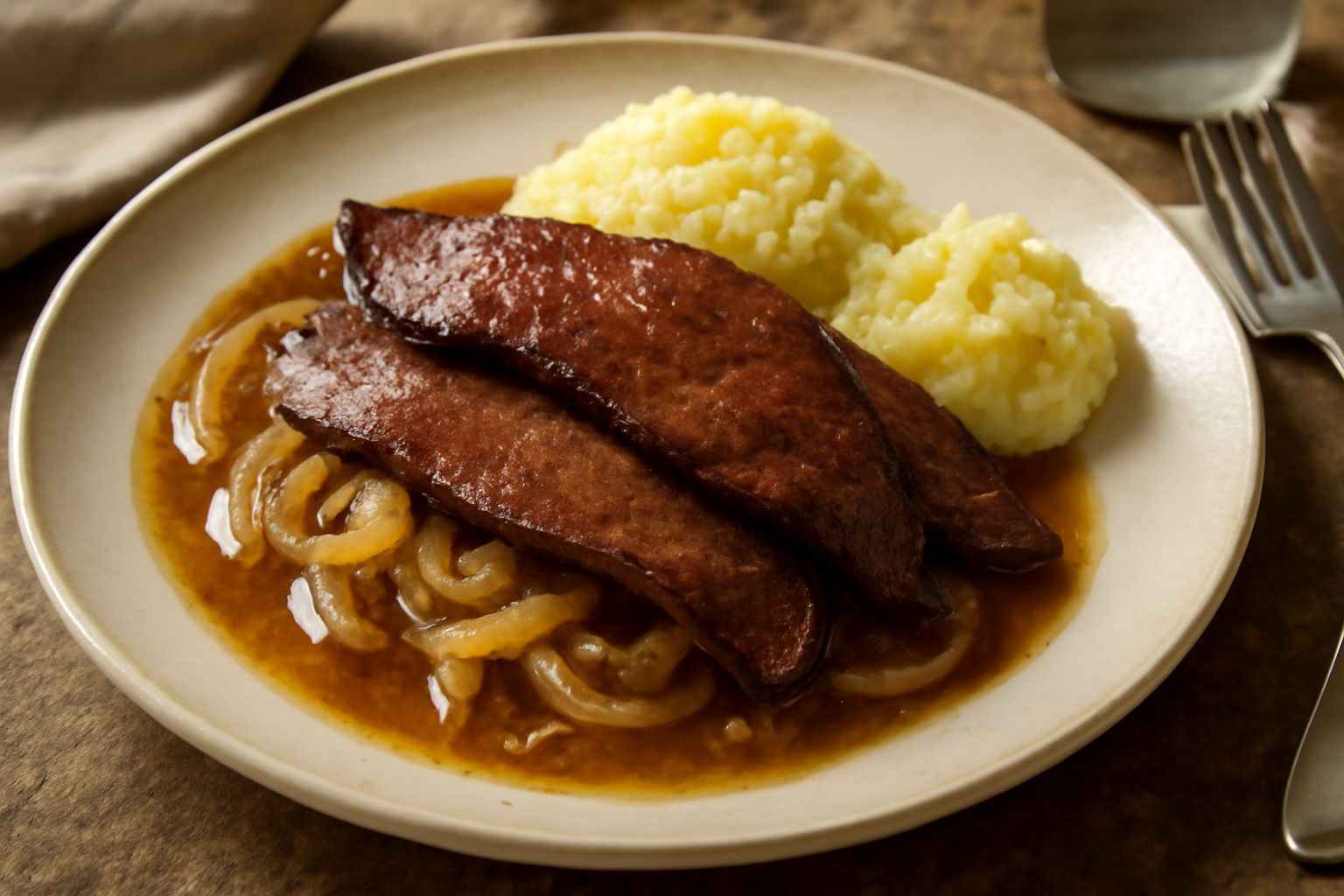 Fegato di vitello rosso scuro affettato nel piatto bianco, coperto da cipolla dorata caramellata, con salsa marrone chiaro, contorno di purea di patate cremosa, guarnito con prezzemolo verde fresco