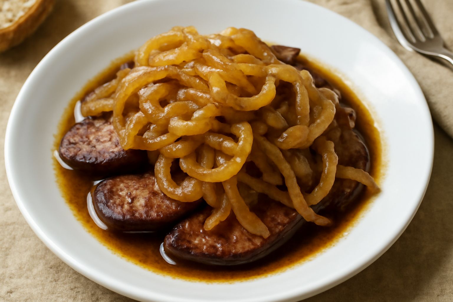 Fegato alla nuorese servito in piatto bianco: fettine di fegato rosso brunito coperte da cipolle dorate e morbide in salsa scura, contorno di pane tostato