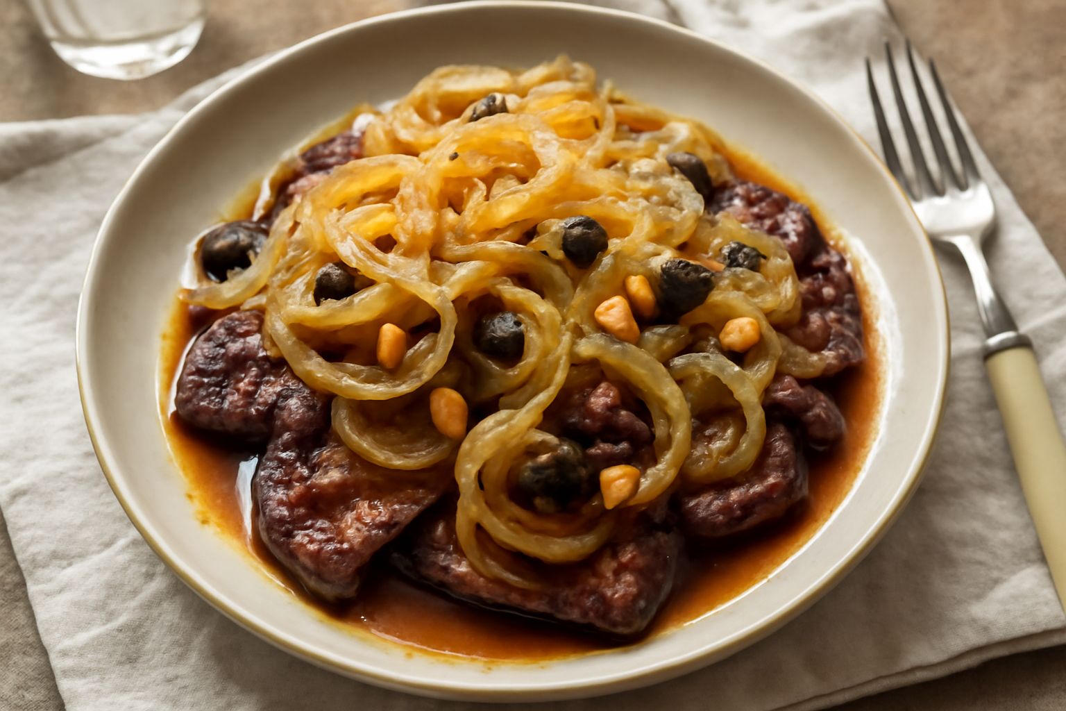 Fegato rosso scuro in strisce sottili con cipolla bionda caramellata, uvetta gonfia e pinoli tostati sparsi in superficie, servito in un piatto bianco con un filo di olio