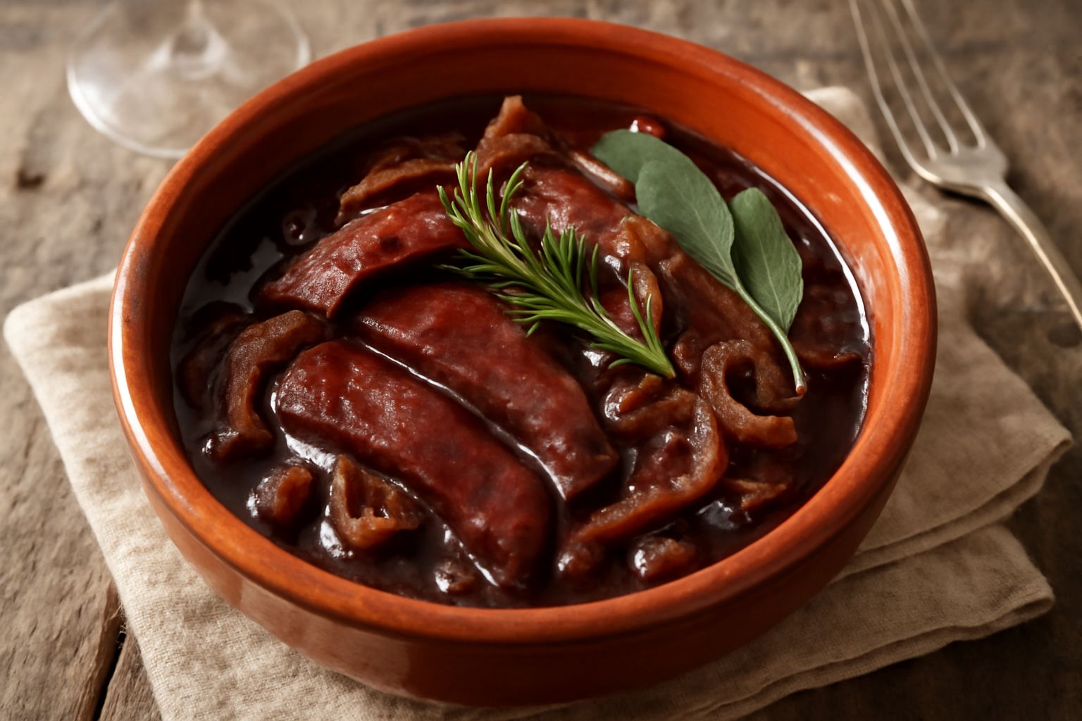 Fegato rosso intenso tagliato a fette, cotto in un tegame di terracotta con cipolla bionda traslucida, salsa scura di vino, rosmarino fresco e prezzemolo tritato, servito nel tegame stesso ancora fuma