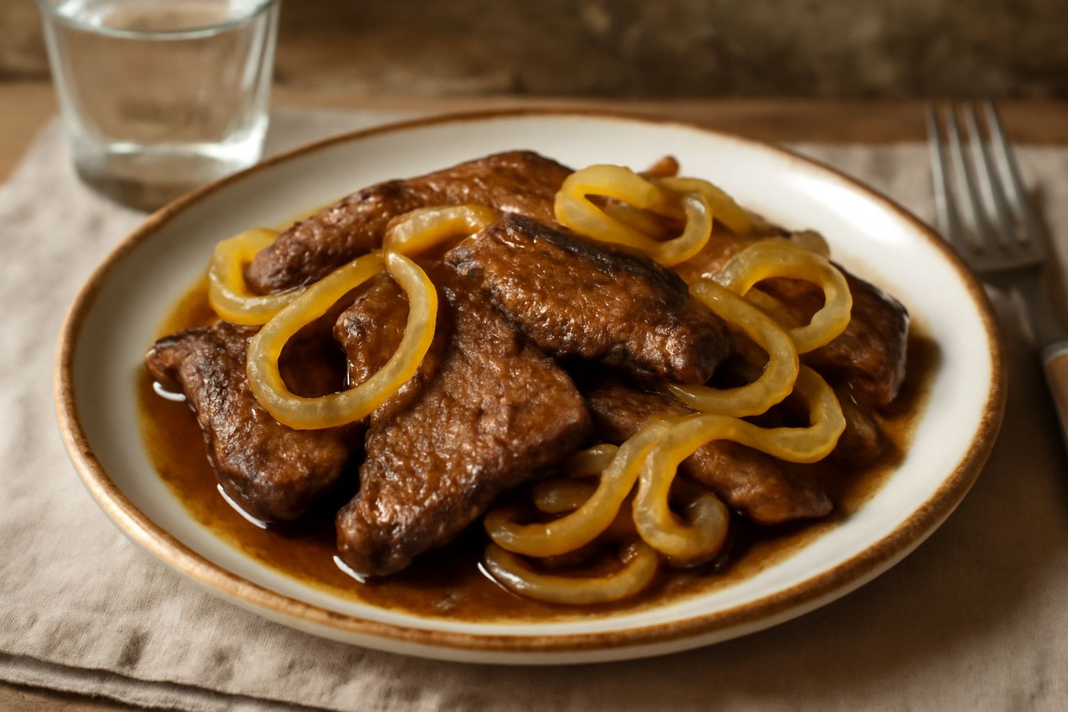 Fettine di fegato di vitello dorate in padella, contornate da cipolla bionda trasparente, foglie di alloro verde e gocce di aceto balsamico scuro, con contorno di patate al forno morbide.