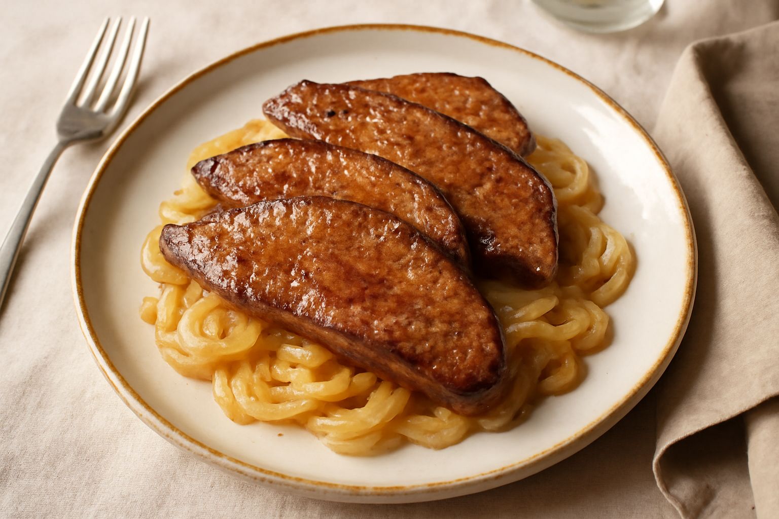 Fegato di vitello affettato sottile e dorato in padella con cipolla bionda caramellata, bagnato di aceto balsamico, servito in piatto bianco con prezzemolo fresco