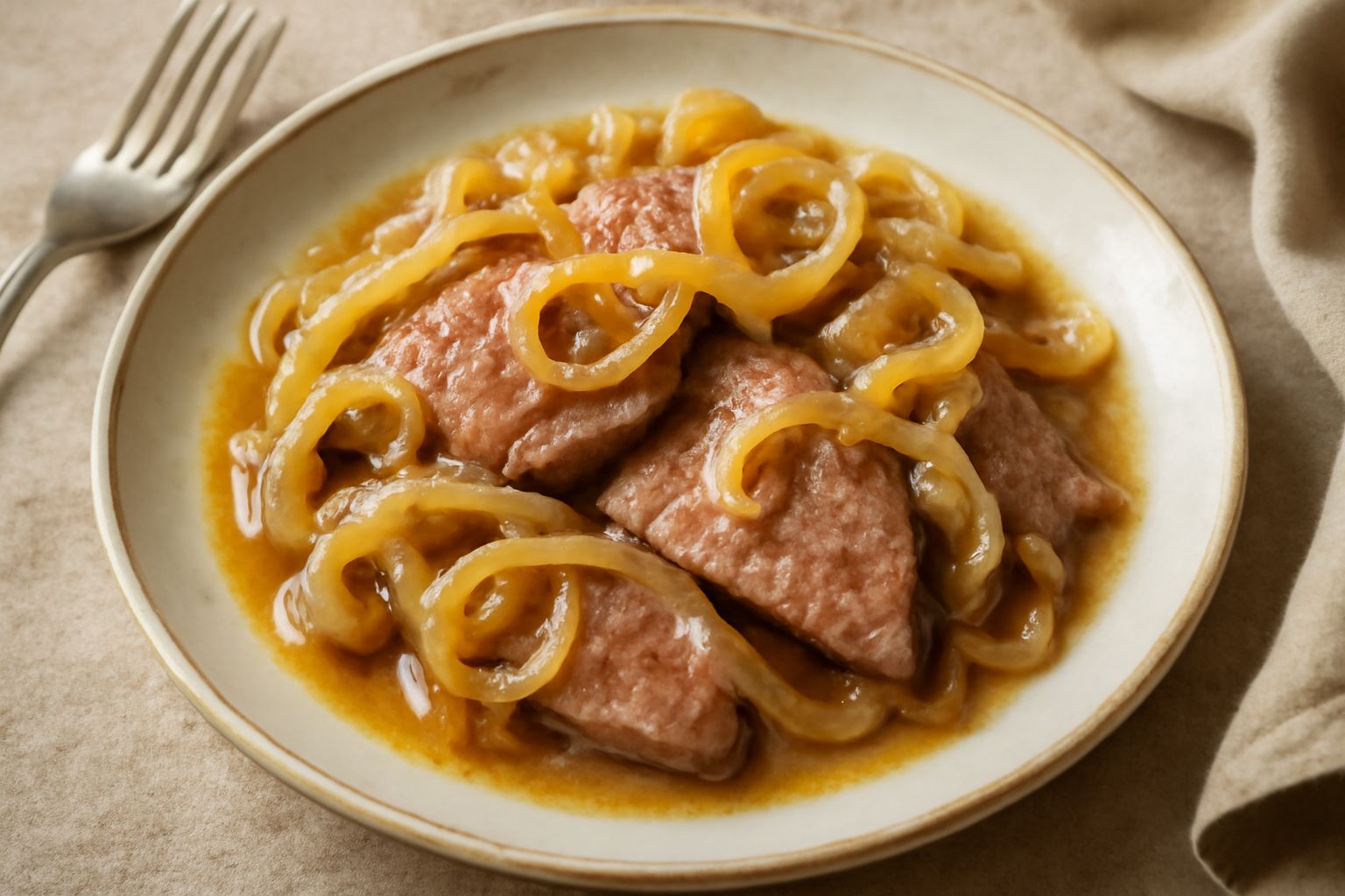 Fegato alla romana servito in piatto bianco: fette di fegato rosato con cipolla soffritto dorato, sfumata di vino bianco, salvia fresca, contorno di pane tostato