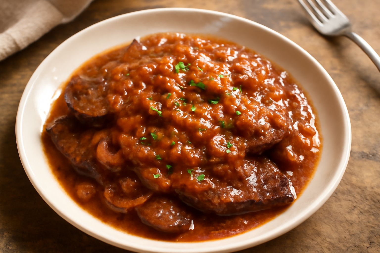 Fegato di vitello rosso scuro affettato sottile, ricoperto di salsa marrone con cipolla dorata e prezzemolo fresco tritato, servito in un piatto bianco con contorno di insalata verde
