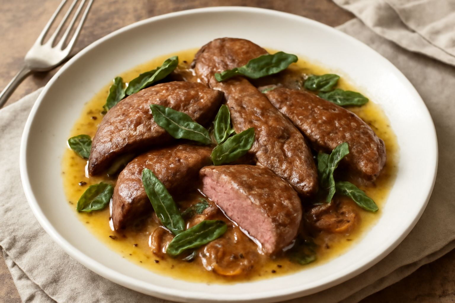 Fette di fegato dorato rosato in padella con foglie di salvia verde scuro, accompagnate da cipolla trasparente, gocce di vino bianco, burro fuso, su piatto bianco con contorno di purea di patate cremo