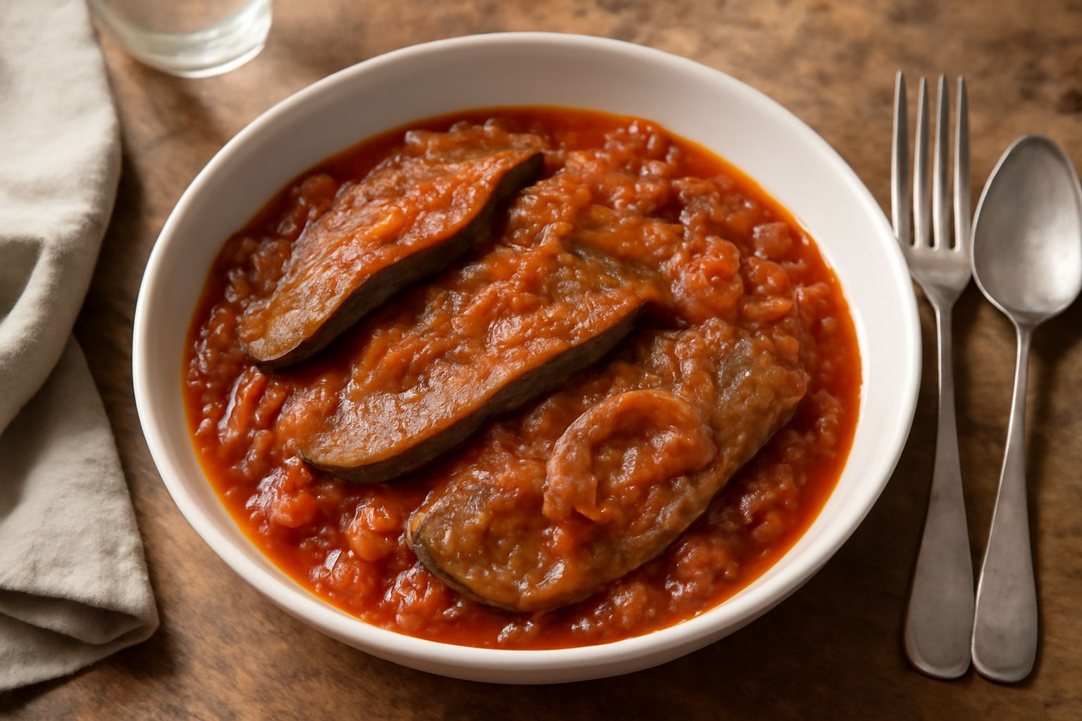 Fegato di vitello tagliato a fette regolari, rosso-bruno in un intingolo di pomodoro e cipolla caramellata, impiattato in una ciotola di ceramica bianca, con cipolla rossastra in primo piano e salsa d
