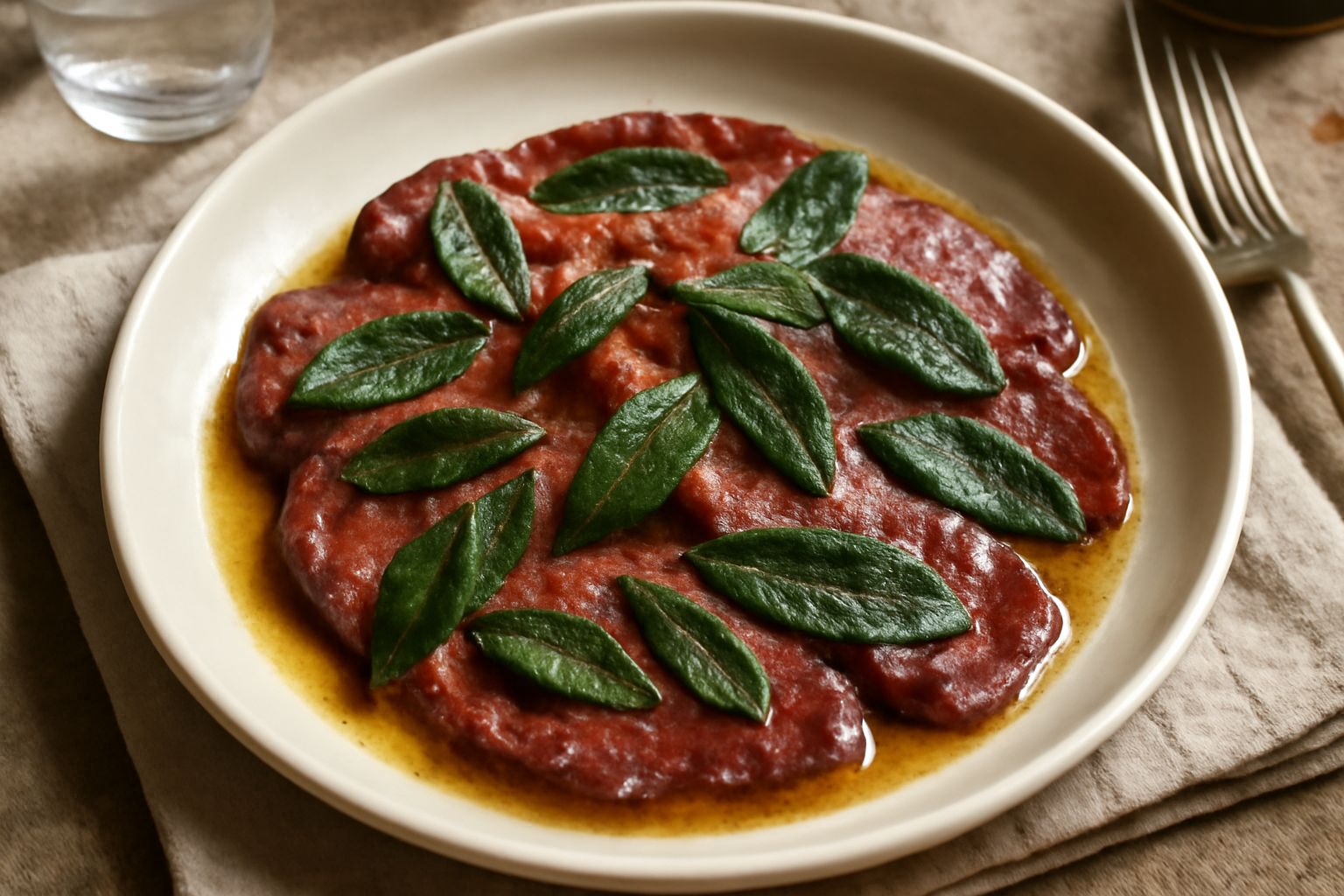 Piatto bianco con fettine di fegato rosso scuro, leggermente dorate ai bordi, ricoperte di salvia verde fresca e salsa al burro brillante, contornate da un cucchiaio di brodo ridotto