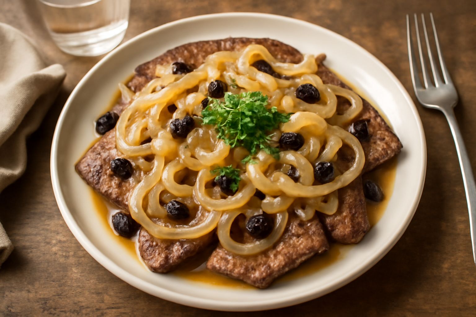 Fettine di fegato dorato in padella con cipolla caramellata trasparente, uvetta scura e prezzemolo fresco, olio d'oliva lucido sulla superficie