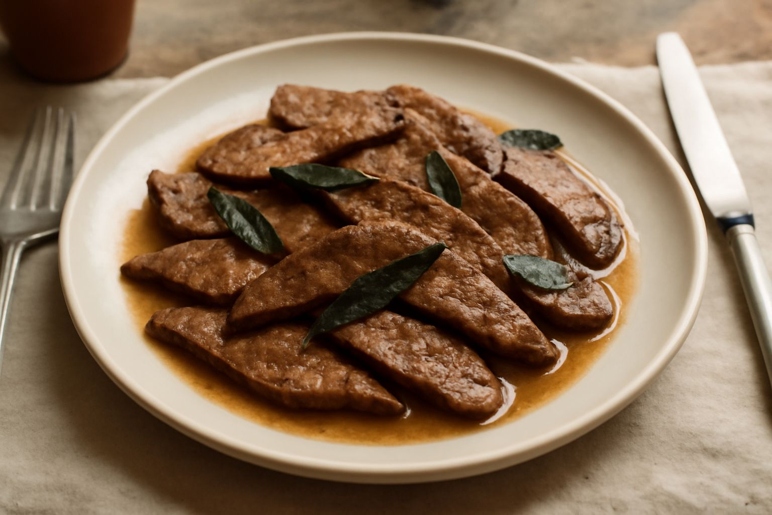 Fegato affettato sottile di colore marrone dorato, disposito nel piatto con salvia fresca verde accanto, vino bianco in sottofondo, contorno di verdure grigliate al fondo del piatto bianco