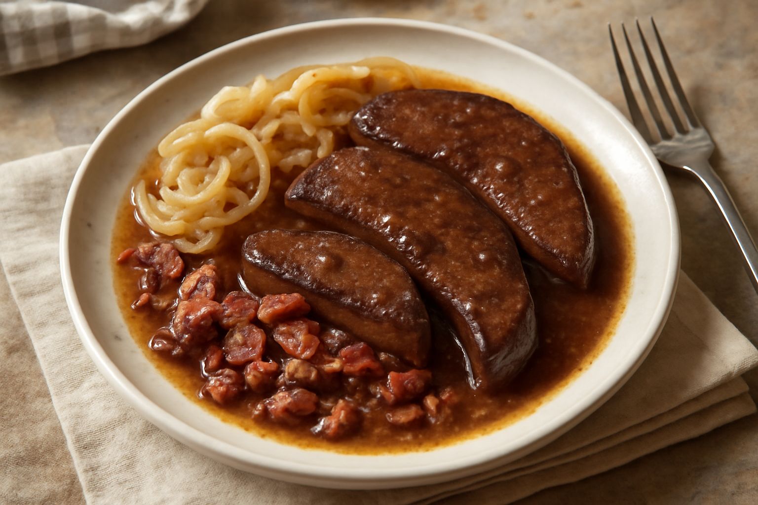 Piatto con fettine di fegato rosso brunastre, pancetta croccante dorata, salsa marrone scuro, cipolle tenere in prima linea, servito su piatto bianco con contorno di verdure appena visibile