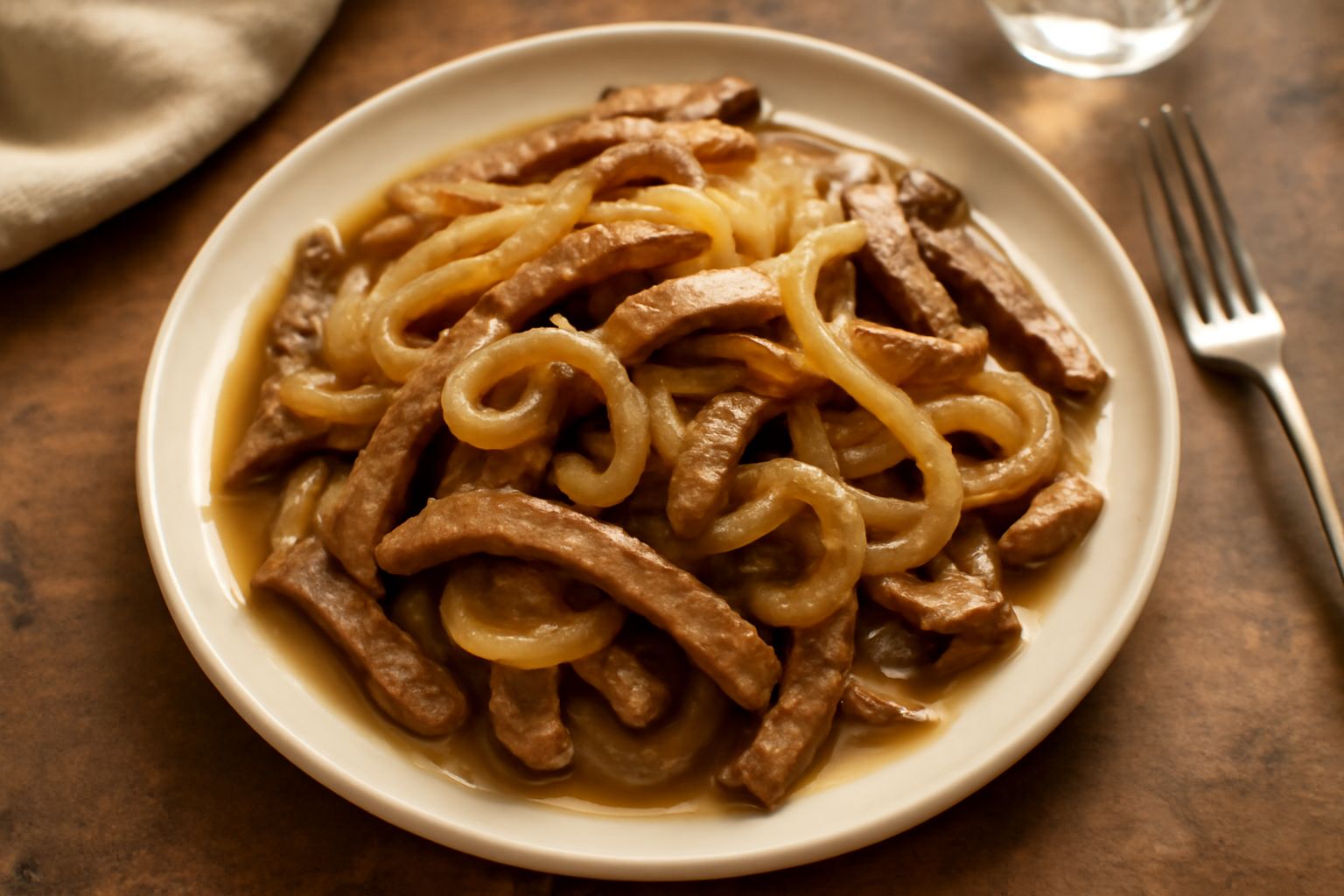 Fegato di vitello in strisce sottili dorate con cipolla bianca trasparente e leggermente caramellata, servito in un piatto bianco, guarnito con prezzemolo fresco