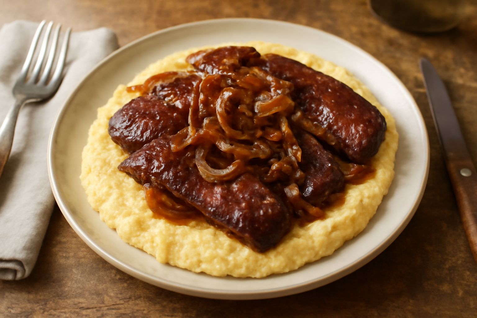 Piatto bianco con fette di fegato marrone rossiccio in salsa scura, cipolla dorata, servite su polenta gialla cremosa, guarnito con prezzemolo fresco