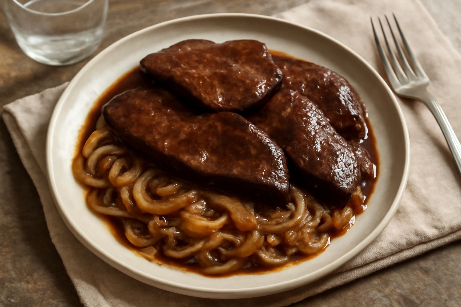 Fegato bovino tagliato a fette dorate, adagiato su un letto di cipolle caramellate dorate e lucenti, in un piatto bianco con contorno di prezzemolo fresco verde