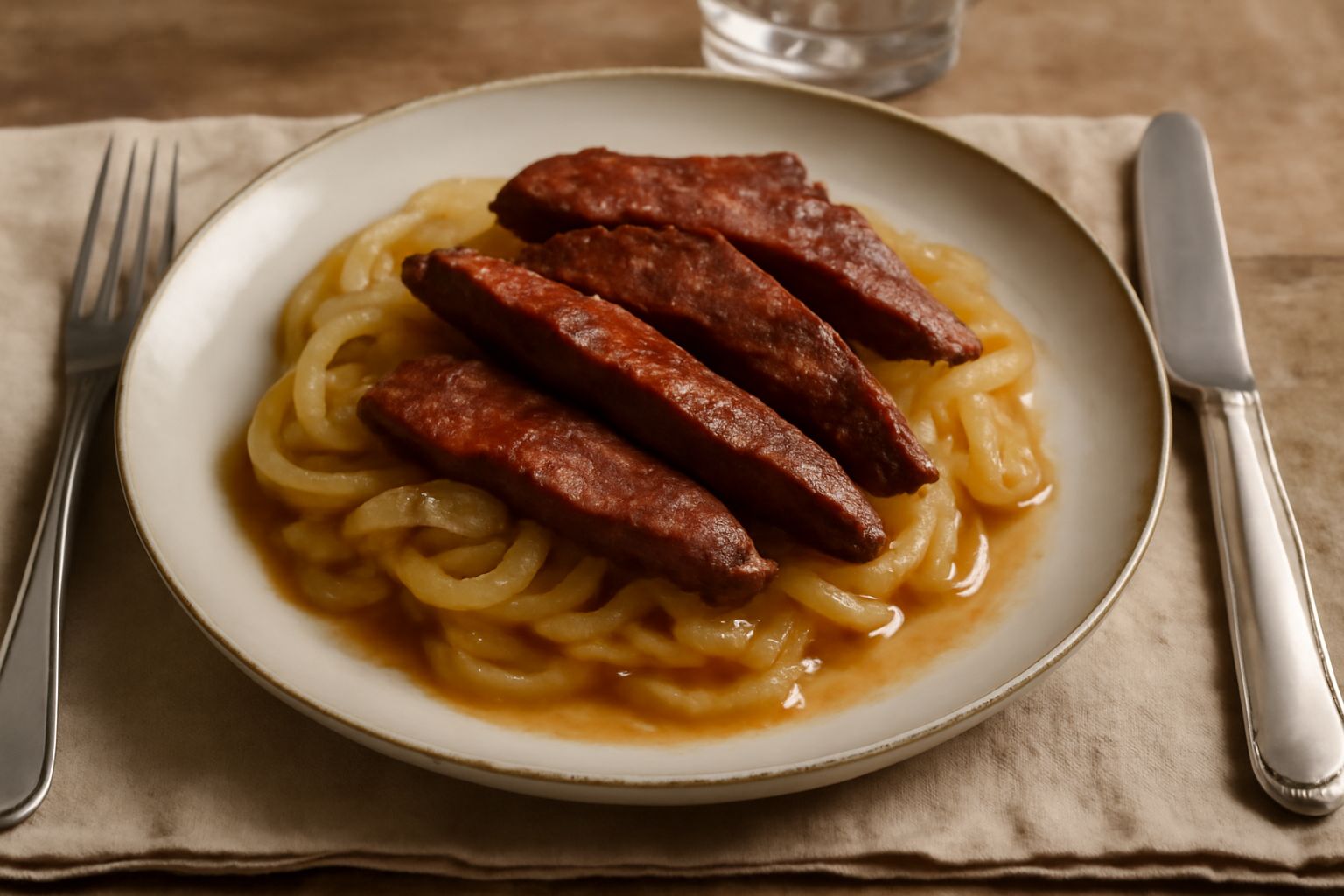 Fegato di vitello rosato disposto nel piatto con cipolla giallo oro morbida, accompagnato da qualche goccia di vino bianco, su un piatto bianco con bordo largo
