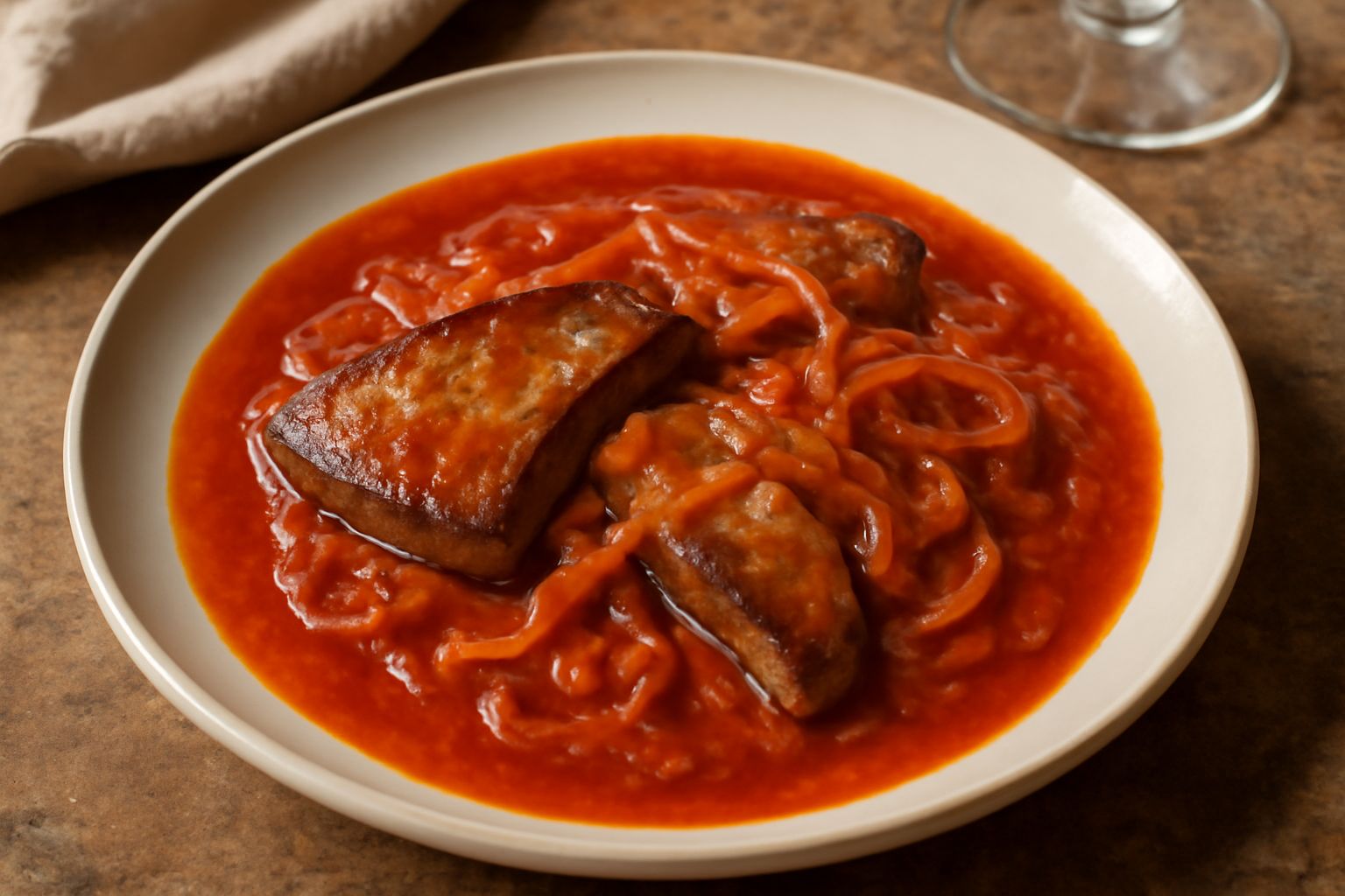 Piatto di fegato dorato con salsa di pomodoro rossa, cipolla caramellata, cosparsato di prezzemolo fresco, servito con polenta o pane tostato sullo sfondo