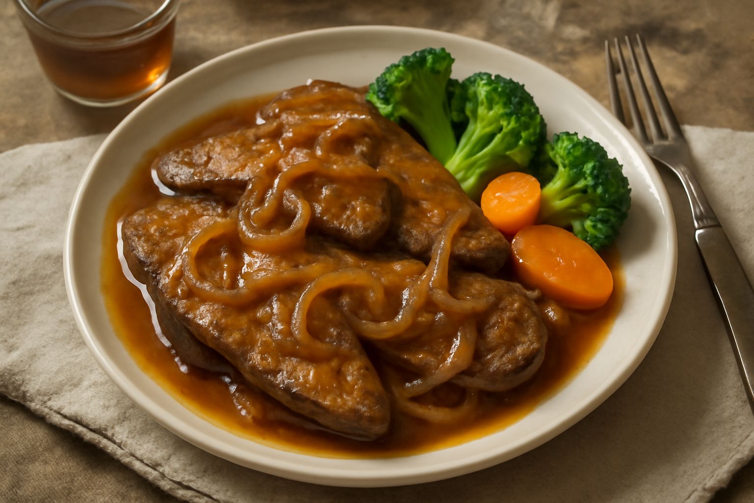 Piatto di fegato ca' vinagru con fettine di fegato marrone dorate, cipolla bionda caramellata, salsa agrodolce di colore ambrato, servito in piatto bianco con contorno di verdure verdi