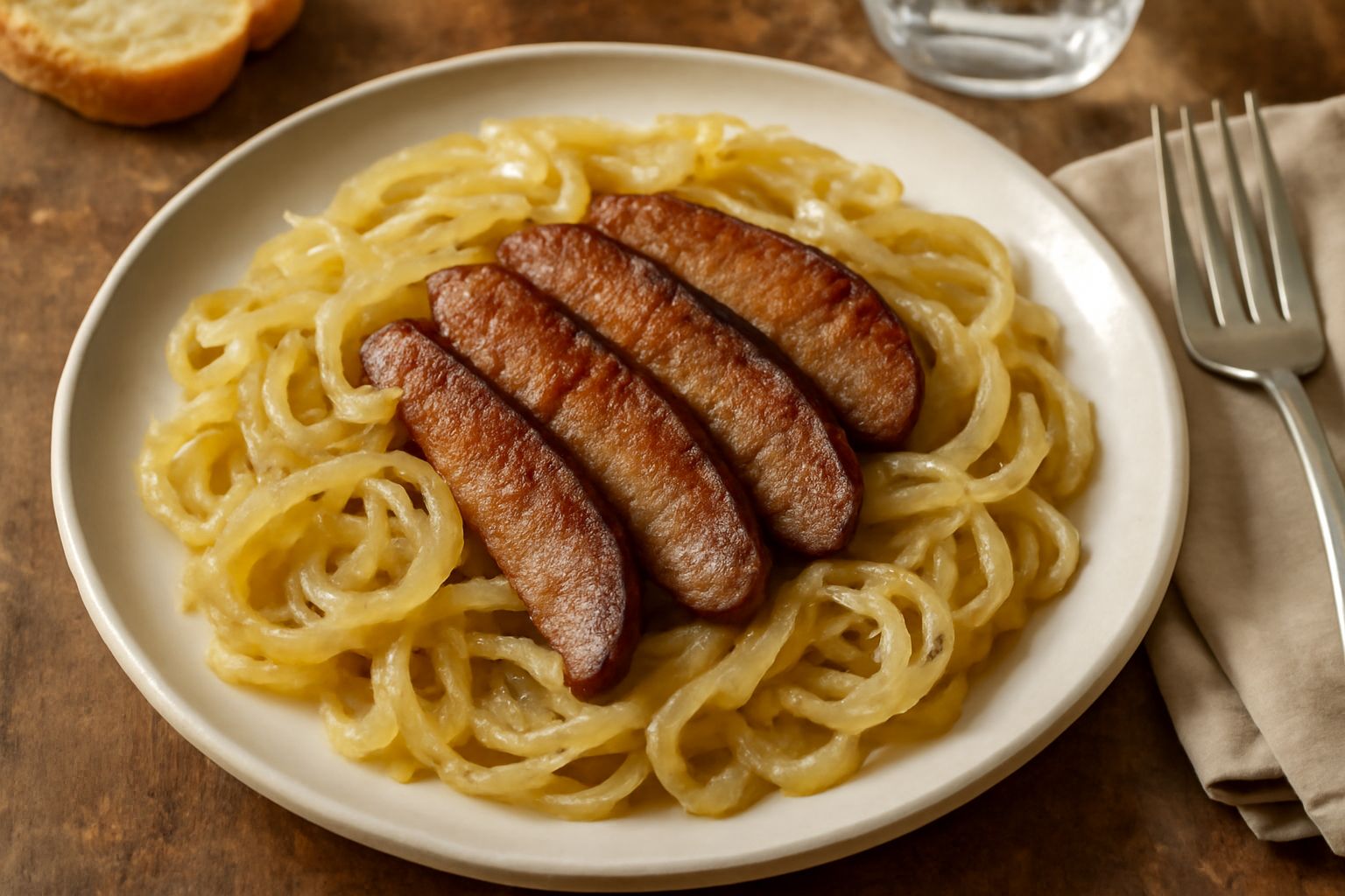 Fegato rosato e dorato disposto nel piatto con cipolla bionda caramellata, contorno di erbette fresche, superficie lucida dal sugo di cottura