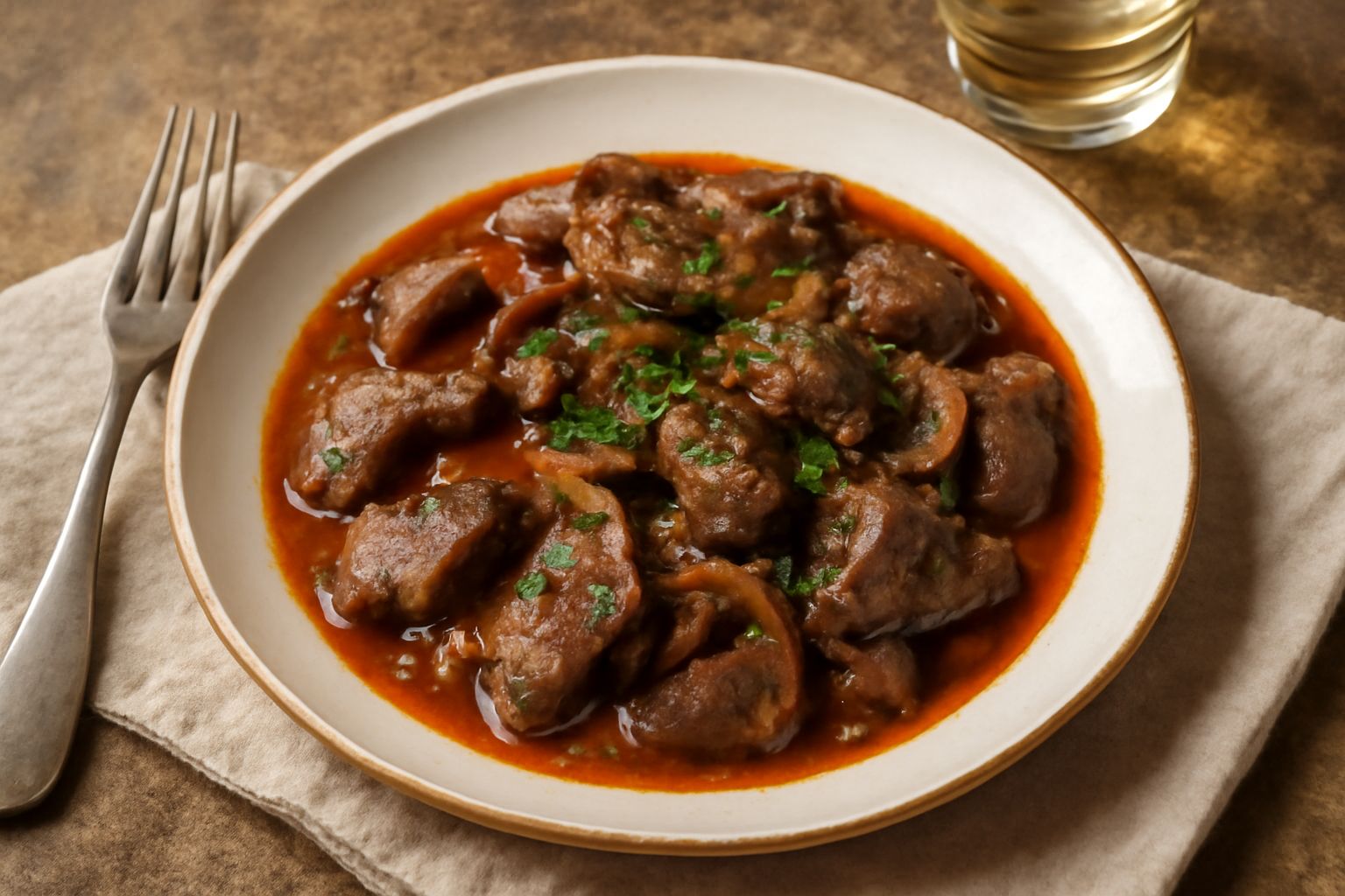 Piatto di fegato di maiale in umido con salsa rossa, cipolla caramellata e prezzemolo fresco, su fondo scuro di tavolo in legno