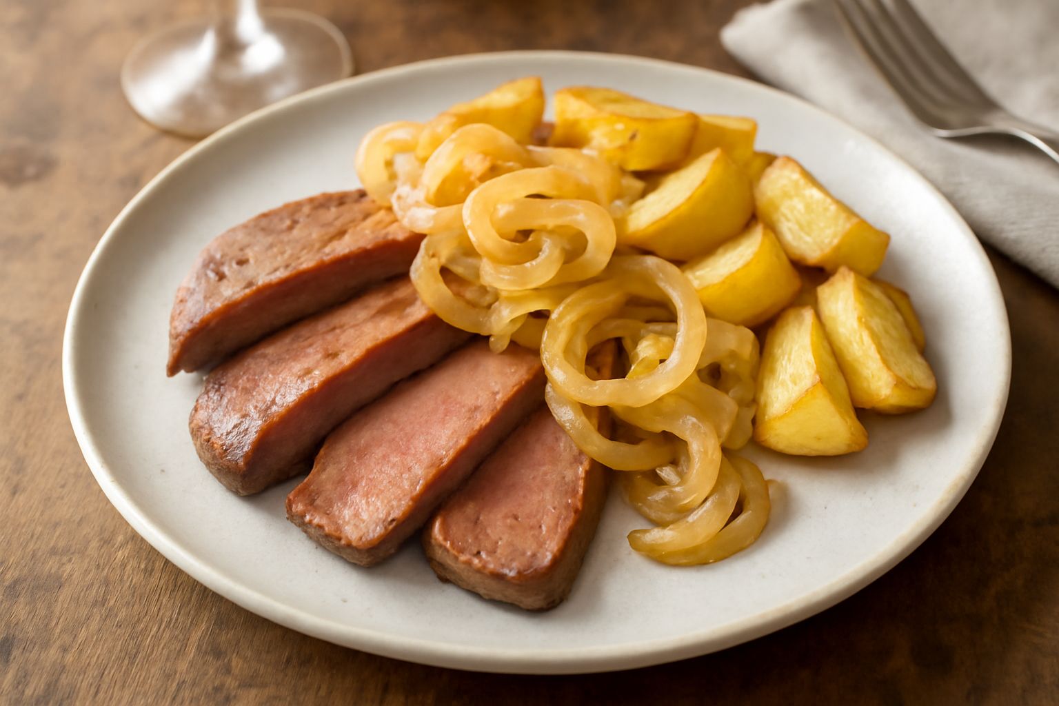 Fegato di vitello rosato al centro del piatto, fette sottili appena dorate ai bordi, spolverato di prezzemolo fresco verde, con cipolla caramellata ai lati e un filo di vino bianco, impiattamento rust