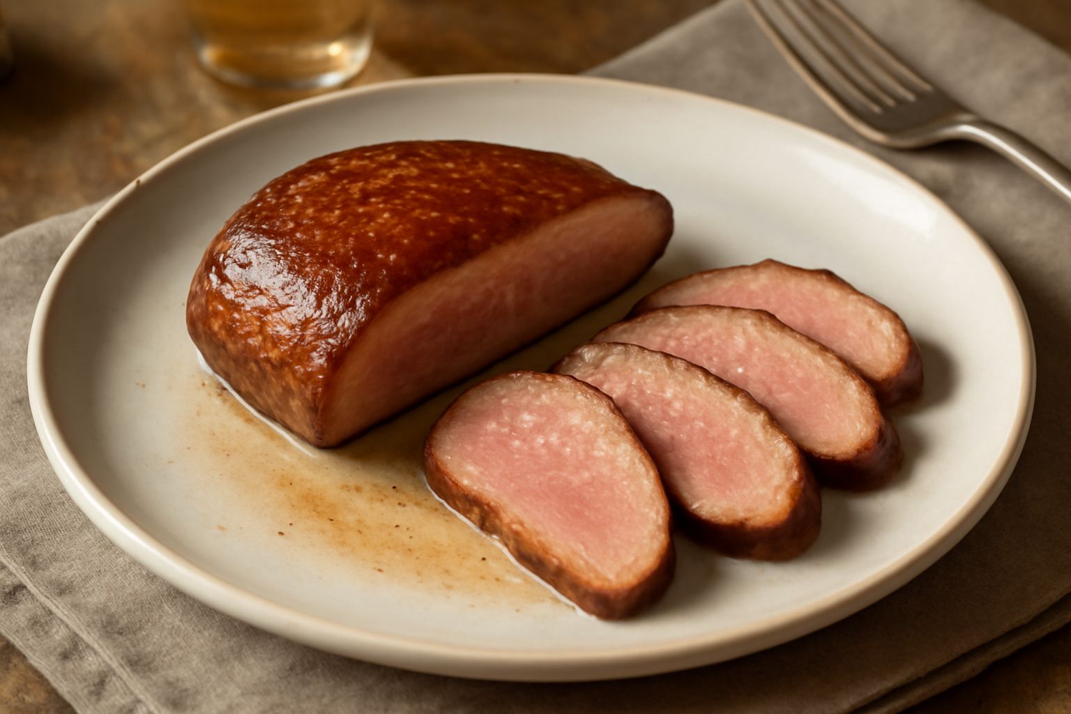Fegato d'oca affettato, color marrone dorato, leggermente rosato al taglio, disposto in un piatto bianco con cipolla caramellata e salsa di fico accanto