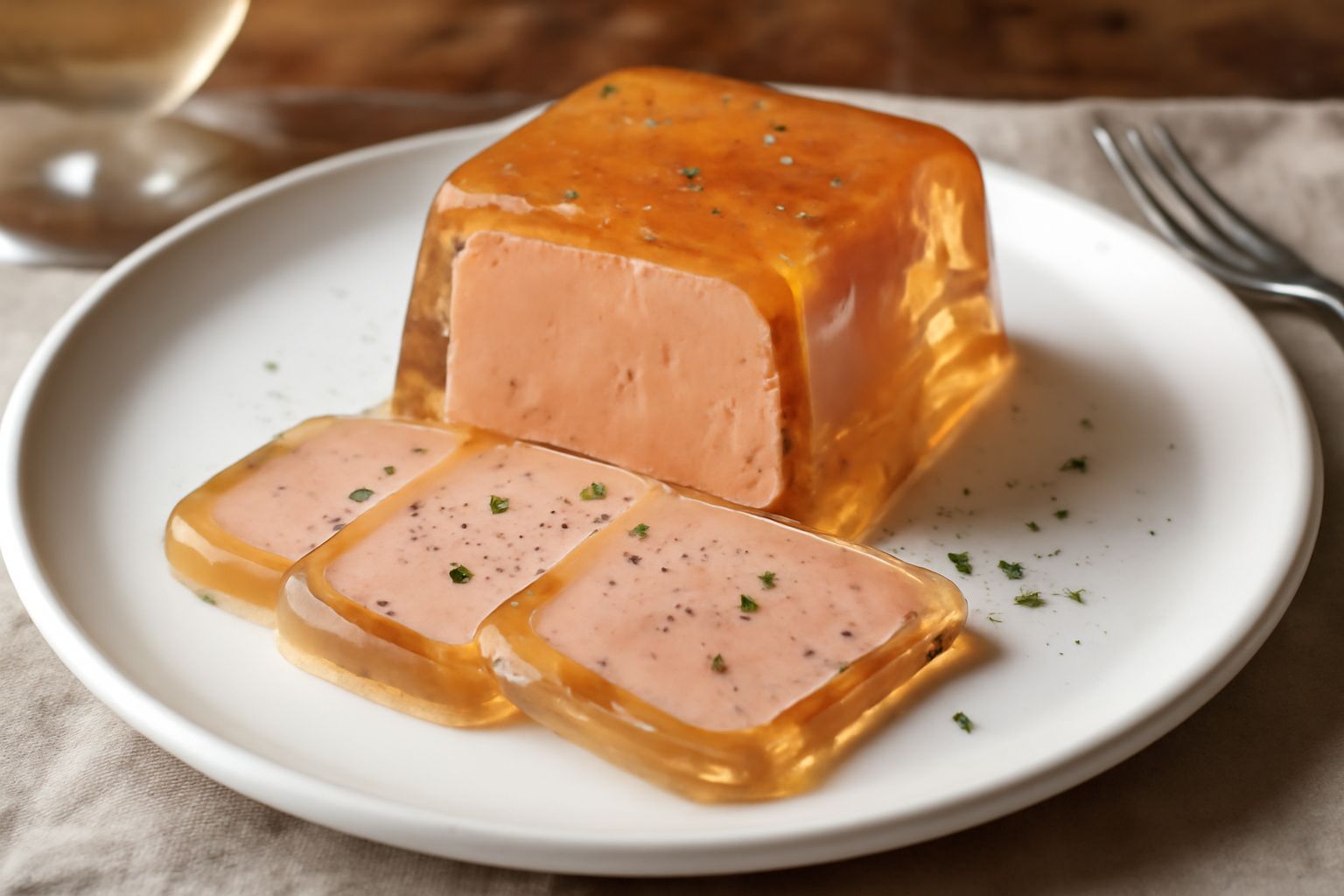Fegato d'oca in gelatina tagliato a fette su un piatto bianco: il foie gras rosa chiaro circondato da aspic trasparente e brillante, guarnito con pepe nero e un rametto di prezzemolo fresco