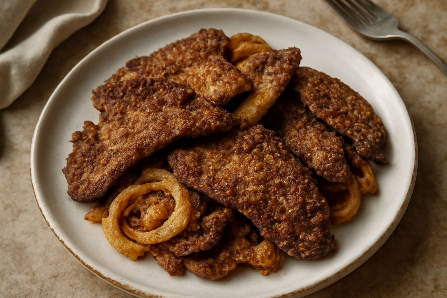 Fegato risulatu dorato e croccante nel piatto, fette di fegato fritte con pangrattato croccante marrone chiaro, cipolla morbida caramellata sul fondo, un filo di limone giallo pallido sulla superficie
