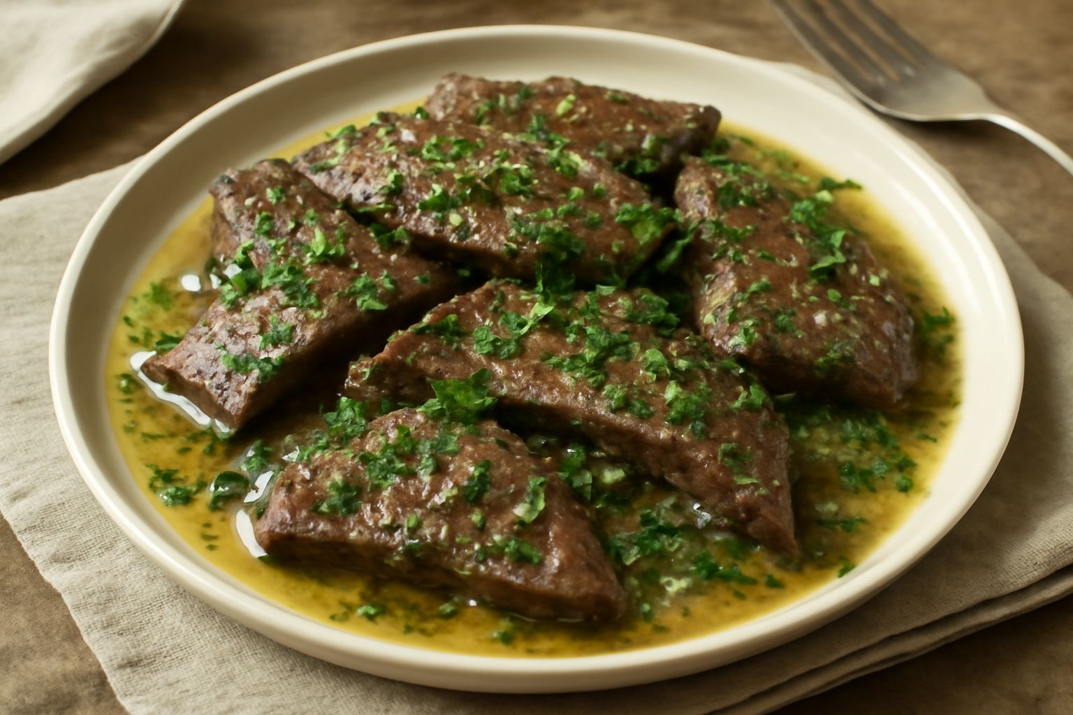 Fegato trifolato in un piatto bianco con fettine di fegato rosso scuro, prezzemolo verde fresco tritato, aglio dorato e cipolla trasparente, condimento e aroma di vino bianco visibile.