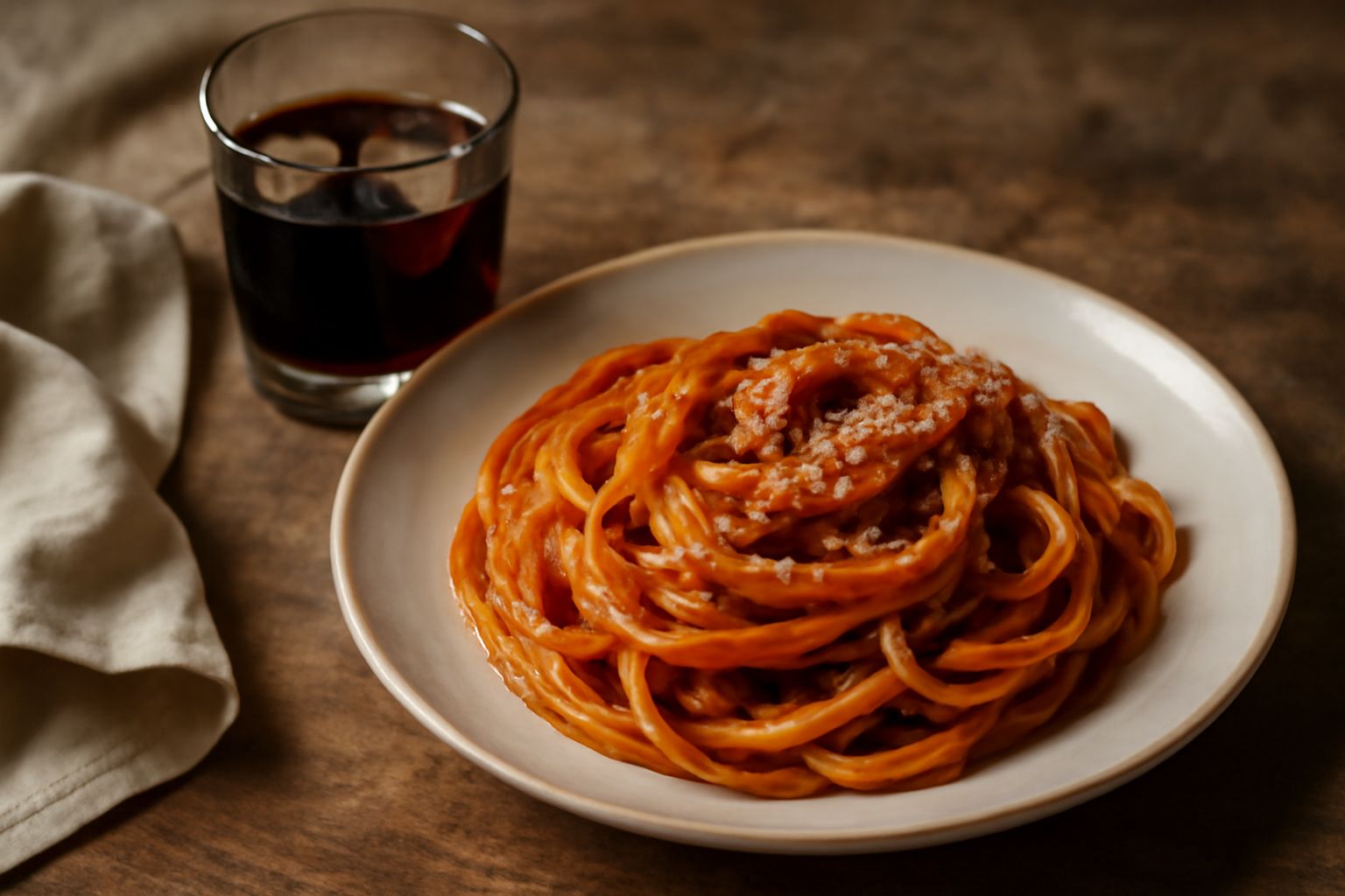 Bicchiere basso con Fernet color ambra intenso, ghiaccio di forma cubica, servito su tavolo in legno scuro con bottiglie di amaro sullo sfondo e foglie di menta accanto