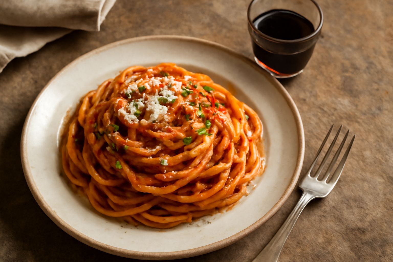 Bicchiere piccolo di vetro trasparente con liquore marrone scuro, accanto una bottiglia di vetro ambrato con etichetta beige, su fondo legno rustico con rametti di erbe aromatiche secche
