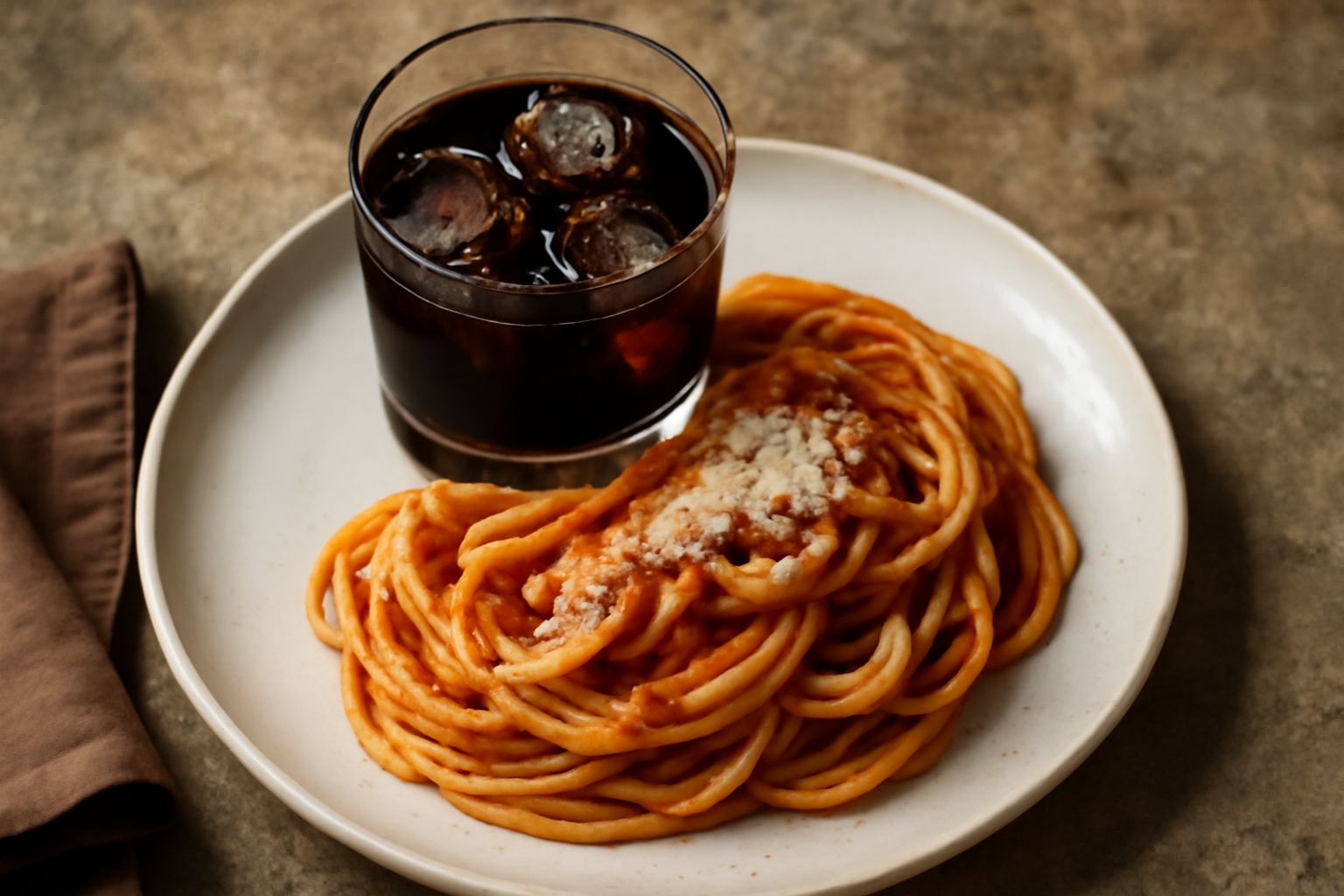 Bicchiere di Fernet Branca di colore scuro marrone, trasparente, servito con ghiaccio in un calice da digestivo, con una bottiglia di vetro scuro sullo sfondo