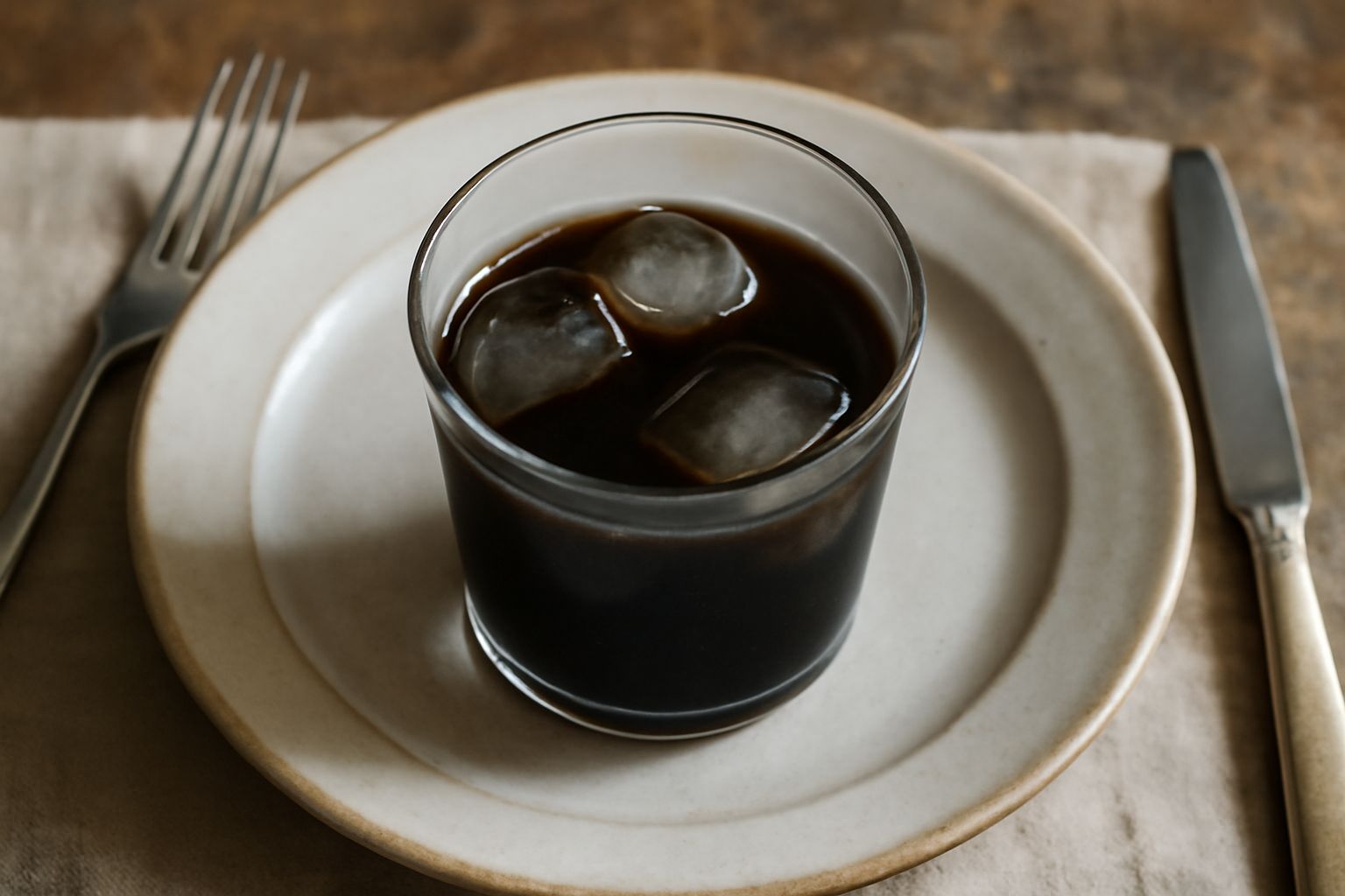 Bicchiere basso di cristallo con Fernet Branca fatto in casa, liquido scuro brunastro trasparente, con ice ball, menta e radice di genziana su tavolo di legno scuro