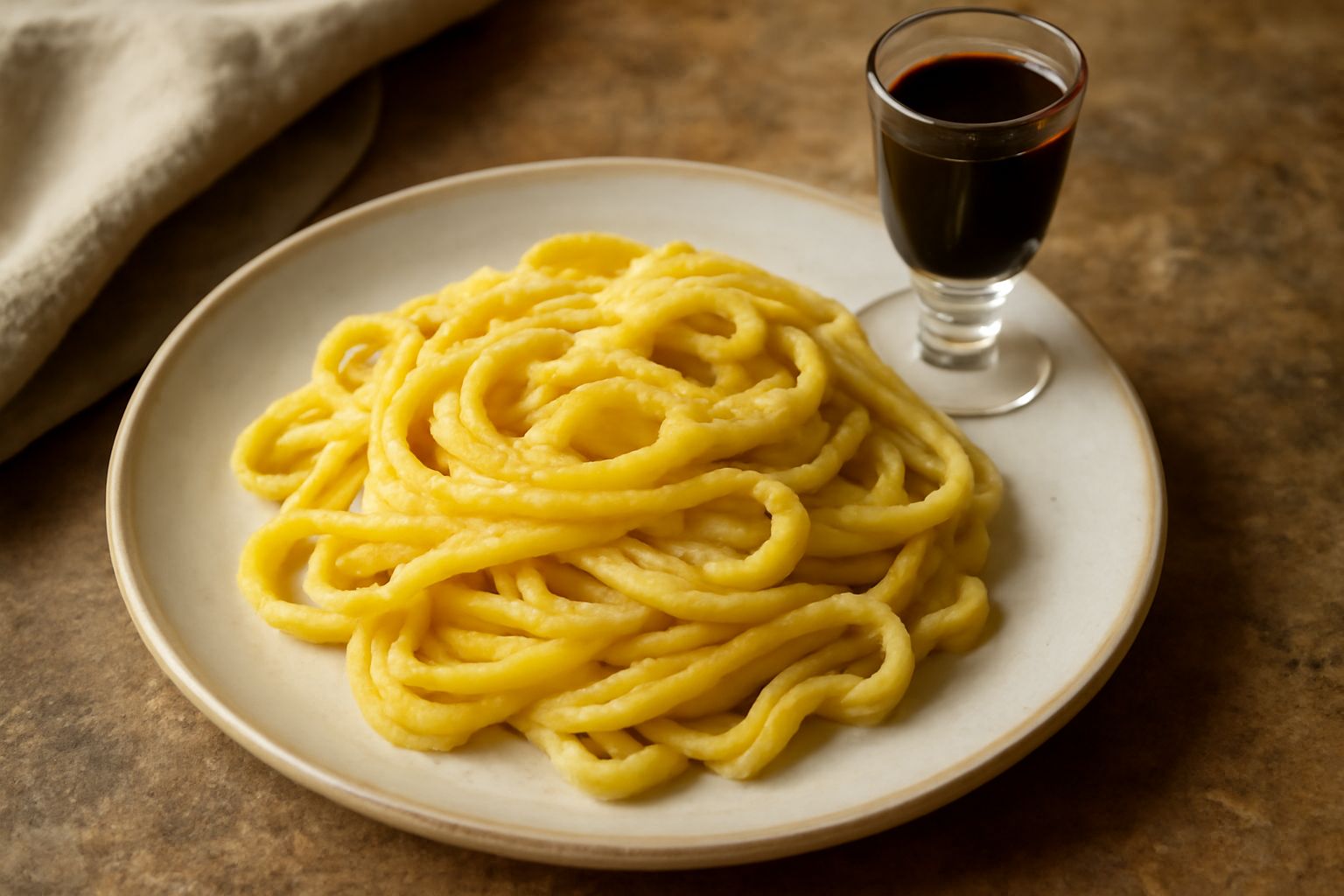 Bicchierino di vetro trasparente con Fernet Branca scuro quasi nero, servito freddo con brina di ghiaccio sulla superficie esterna, su un tavolo di legno scuro accanto a una bottiglia di vetro scuro s