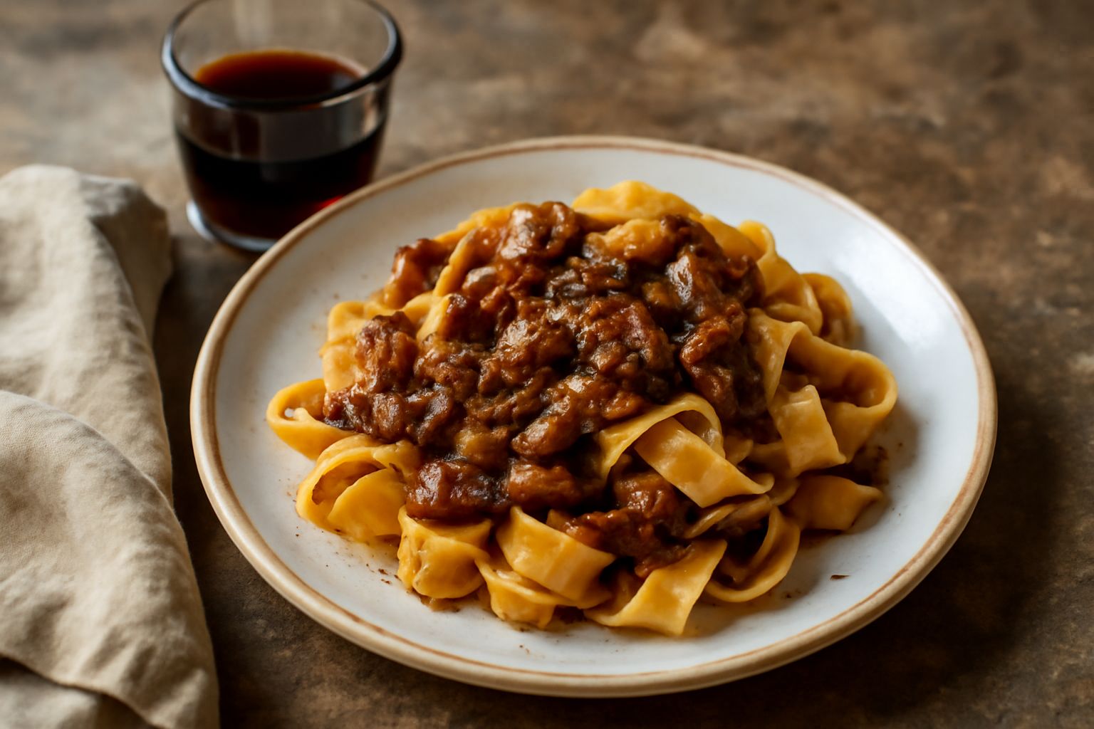 Bicchiere basso con liquido marrone scuro trasparente, bordo ghiacciato, accanto a rametti di erbe aromatiche secche e bacche di ginepro su un tavolo di legno