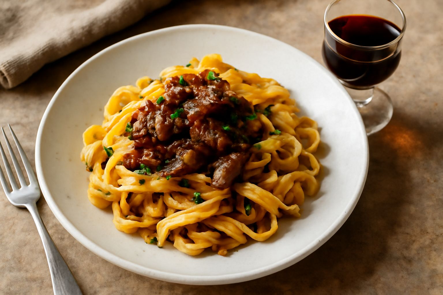 Bicchiere basso con Fernet Friulano color ambra scuro, servito su tavolo di legno con accanto rami di artemisia e bacche di ginepro secche