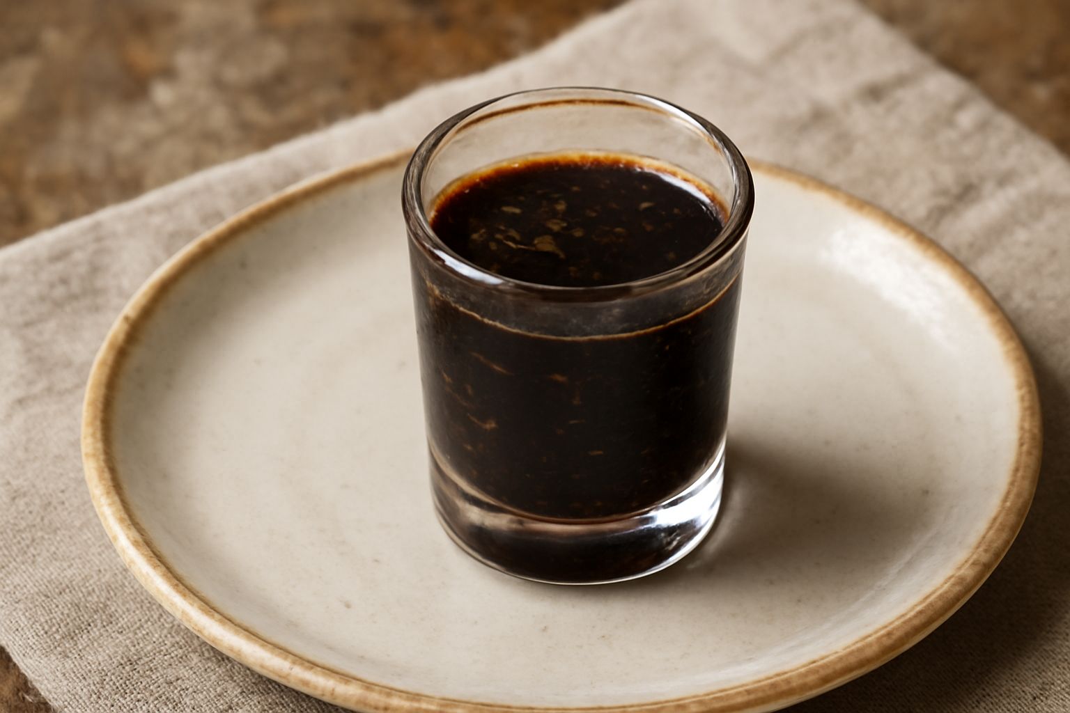 Bicchierino di fernet siciliano color marrone scuro su piano di marmo con bottiglie di alcol alimentare, rametti di menta fresca e anice stellato sparsi intorno