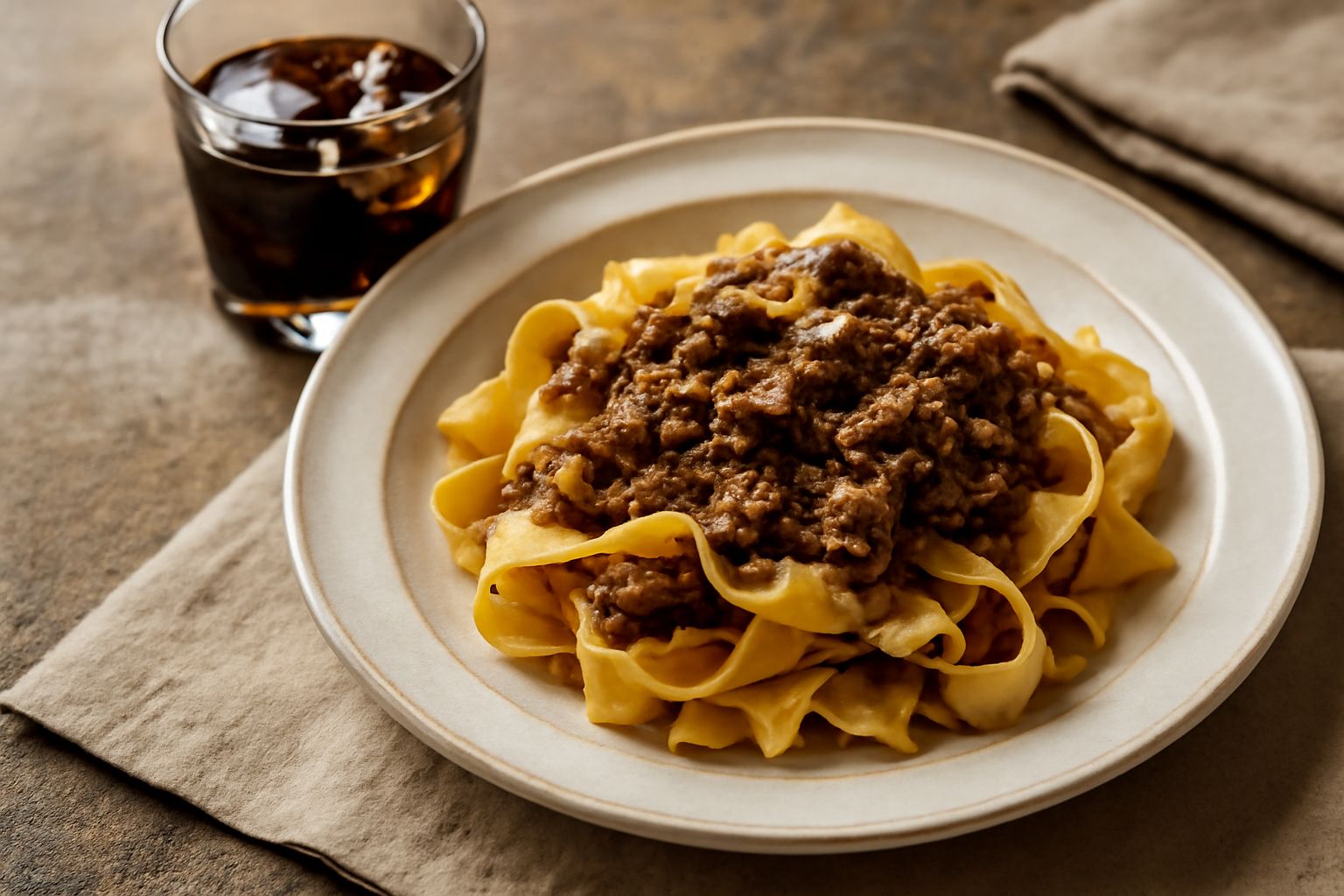 Bicchiere basso con Fernet Toscano di colore marrone scuro, cubetti di ghiaccio, sfondo di bottiglia di vetro scuro con etichetta, accanto rametti di erbe aromatiche secche e scorza di arancia