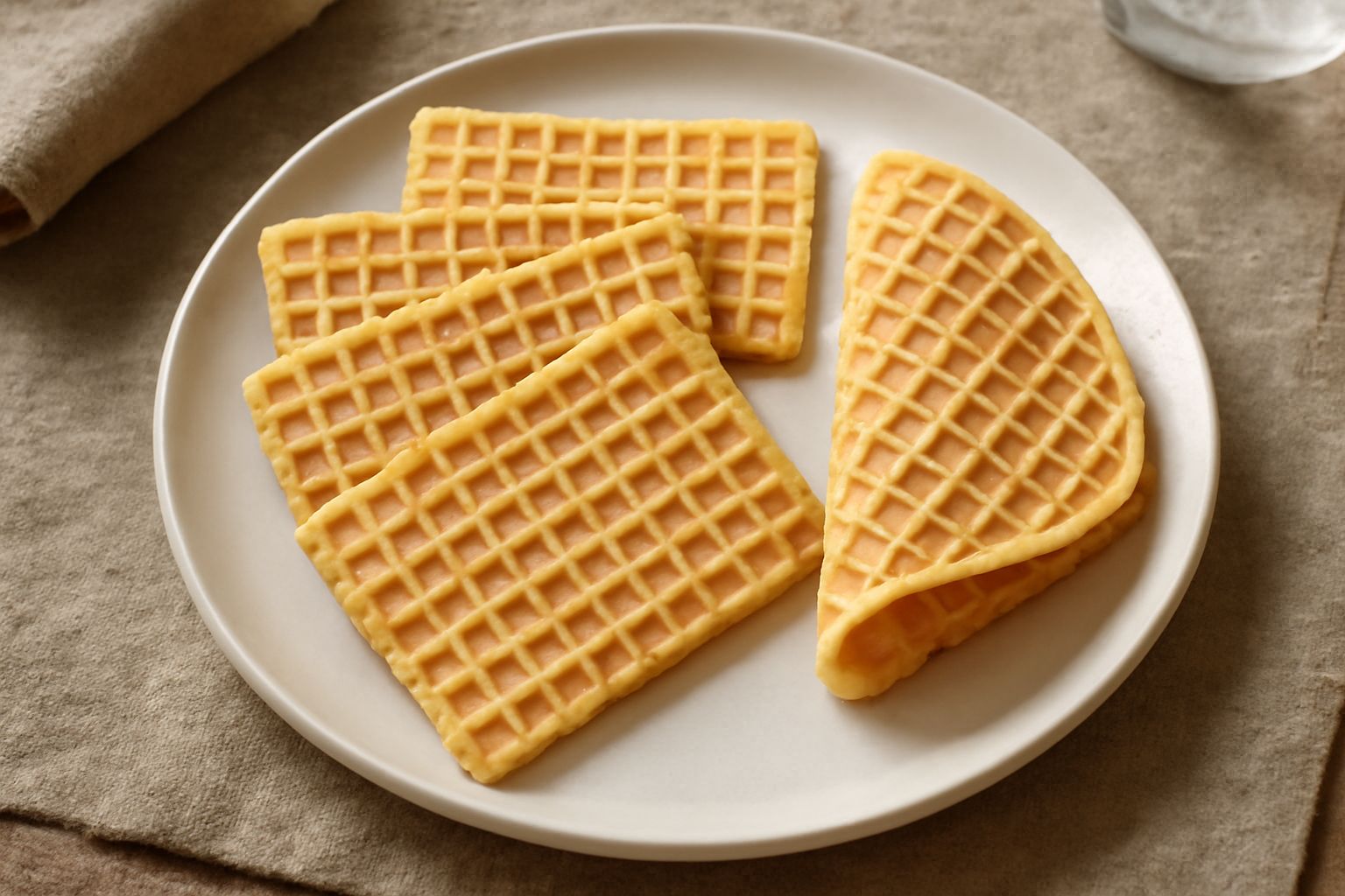 Ferratelle dorate e croccanti piegate a rettangolo, disposte in pila, con sfumature di caramello chiaro ai bordi e fondo sfocato di tela lino bianca
