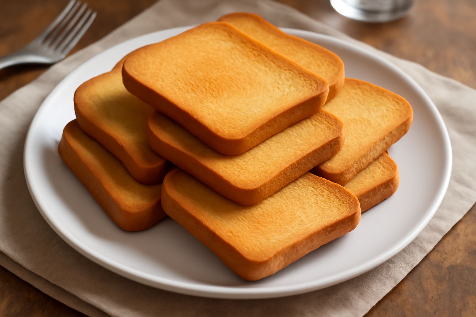 Fette biscottate dorate e croccanti, disposte in pila su un piatto bianco, con superficie liscia e colore uniforme nocciola, sfondo neutro