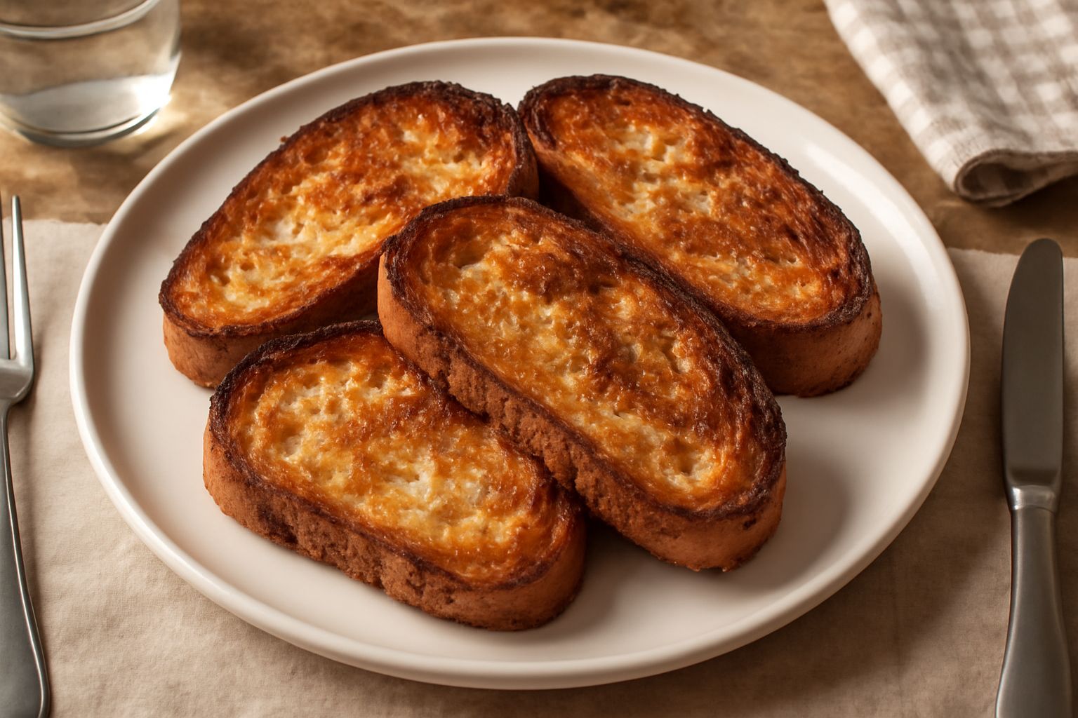 Fette di pane tostato color oro e marrone, impilate su un piatto bianco, con superficie croccante visibile e bordi leggermente anneriti, su sfondo chiaro