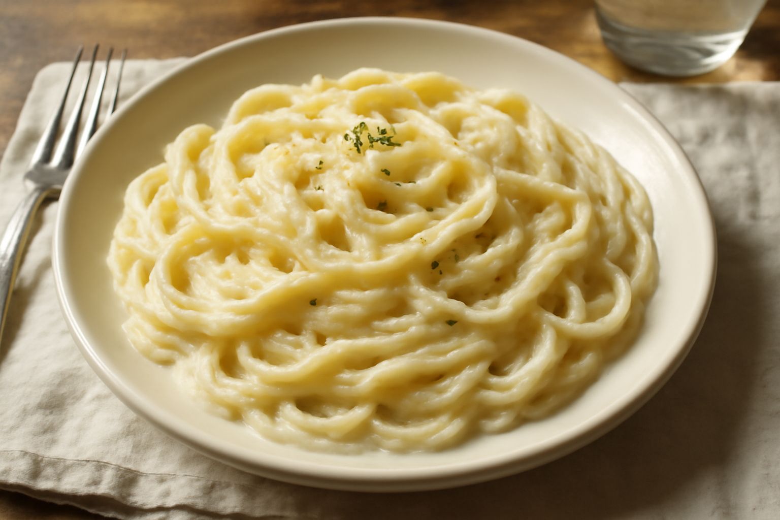 Fettuccine bionde in una ciotola bianca, ricoperte di salsa cremosa color avorio, con fiocchi di formaggio grattuggiato sulla superficie e una forcella di legno posata sul bordo