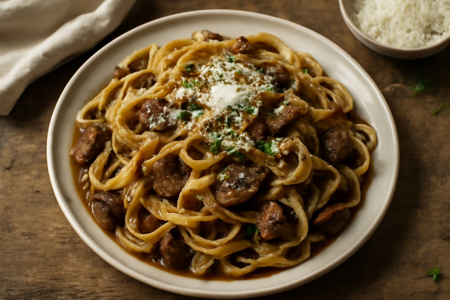 Fettuccine bianche e dorate in un piatto fondo, coperte da un sugo marrone scuro con visibili pezzi di funghi porcini, guarnite da prezzemolo fresco tritato e parmigiano reggiano grattugiato