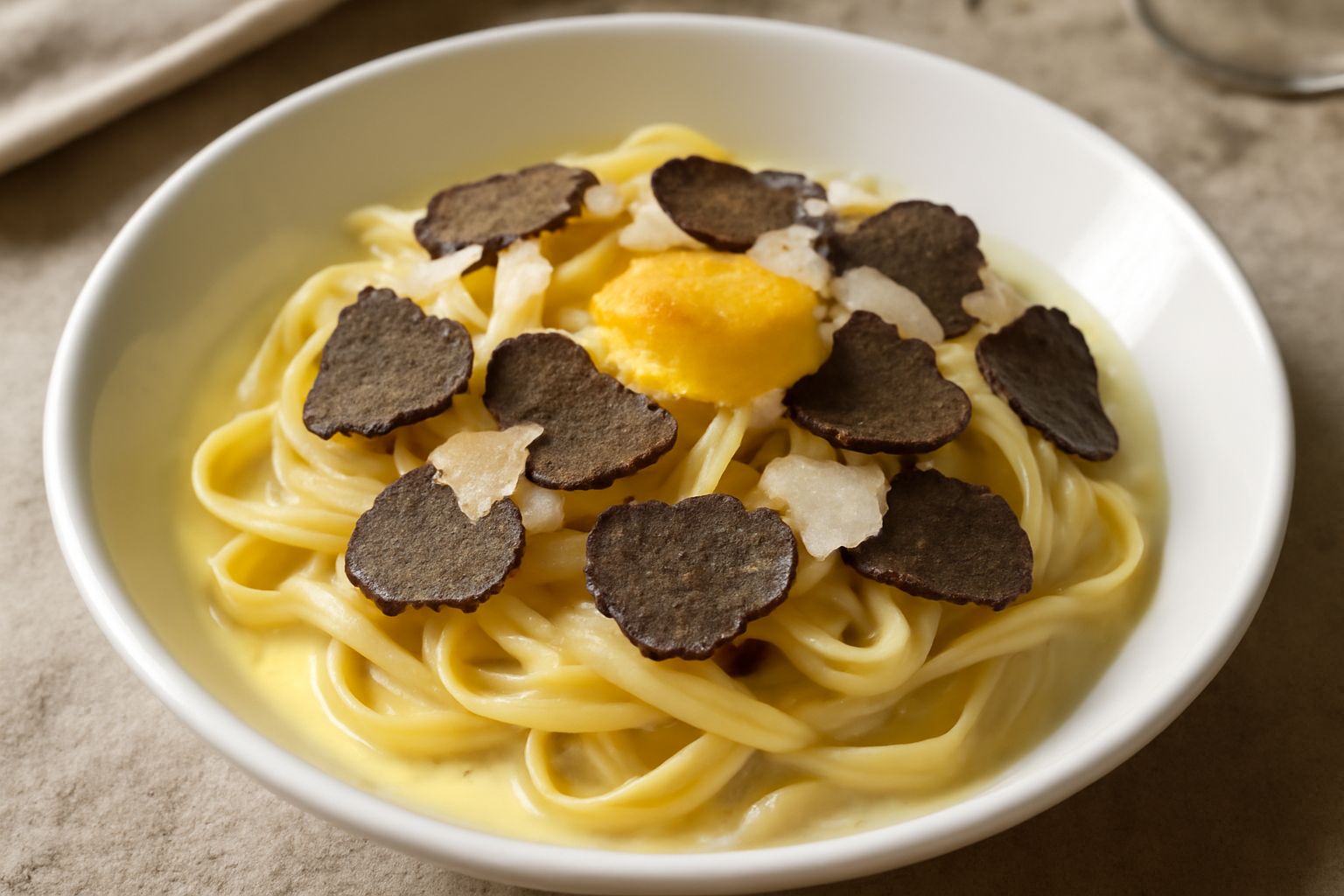 Fettuccine cremose in un piatto bianco, cosparse di tartufo nero affettato e parmigiano reggiano, con una noce di burro dorato visibile, guarnite con pepe nero e prezzemolo fresco