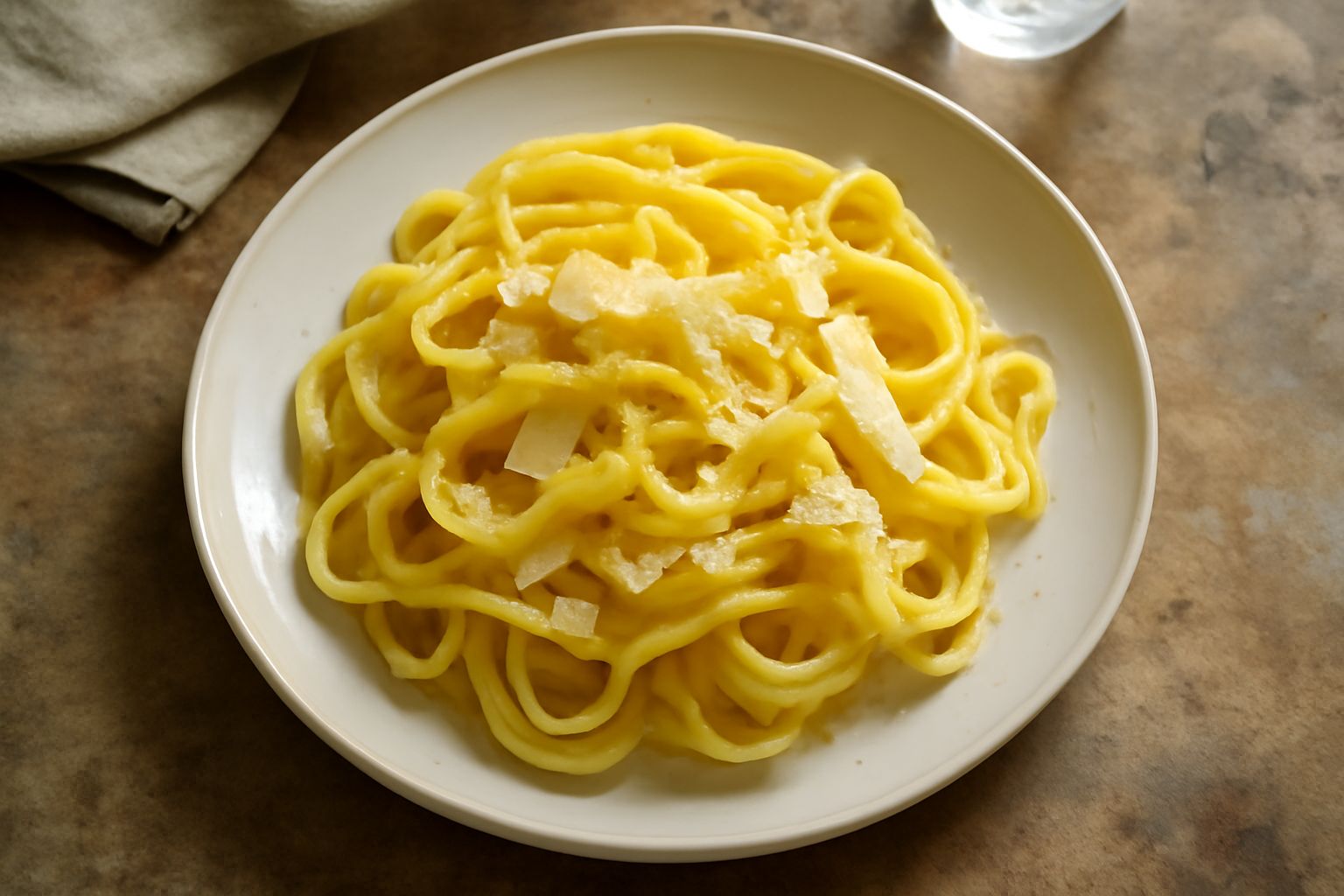 Piatto di ceramica bianca con fettuccine al burro dorate, sparse di scaglie di parmigiano, burro che brilla tra i nastri di pasta, decorazione finale di pepe nero macinato al momento