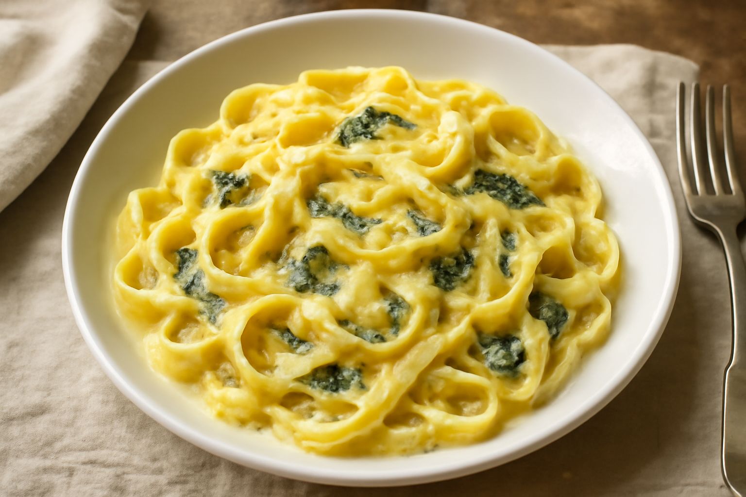 Piatto bianco con fettuccine dorate ricoperte di salsa cremosa color avorio, foglie di salvia verde scuro sparse in superficie, burro dorato lucido, grattugia di parmigiano reggiano in polvere fine, f